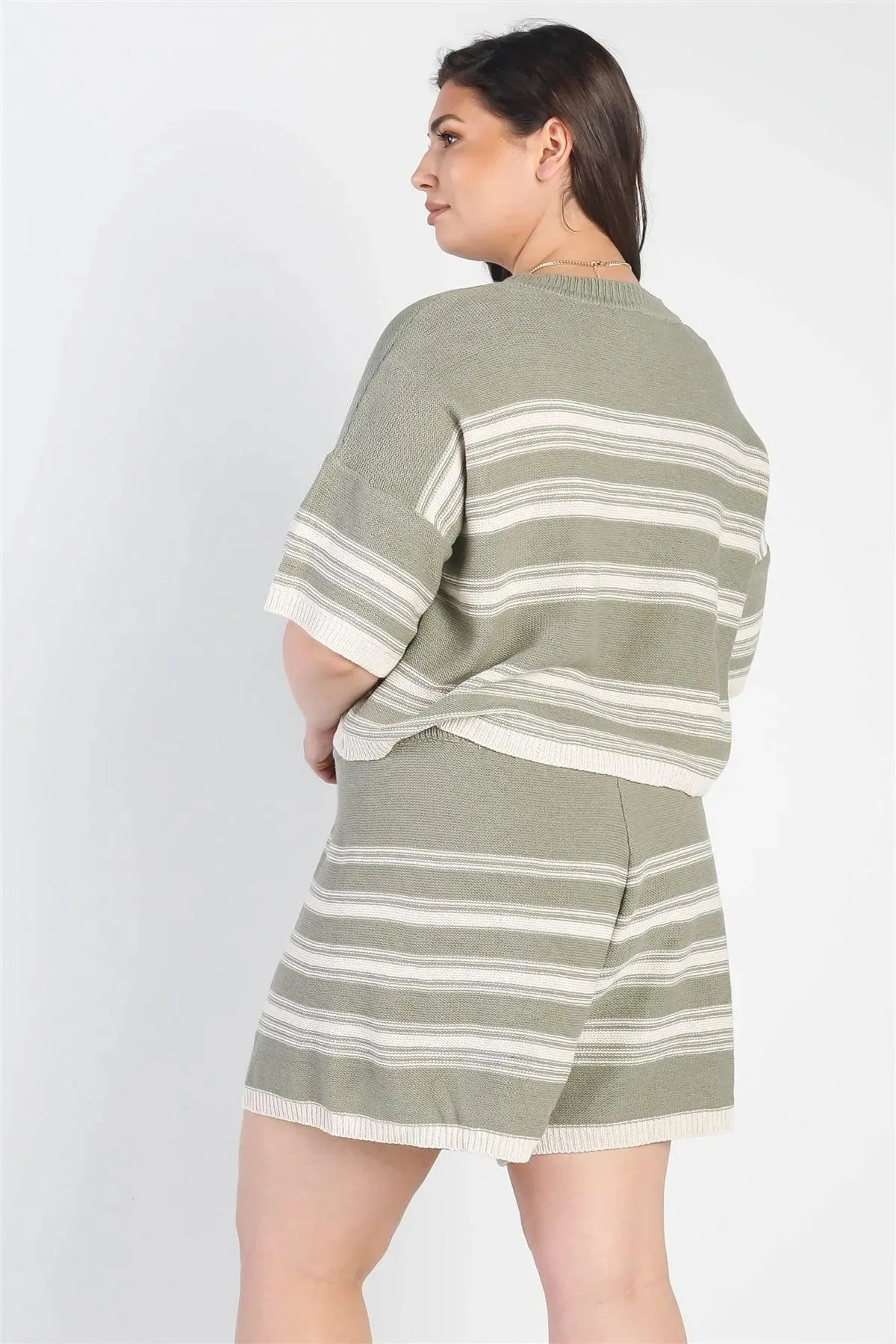 Junior Plus Olive Striped Knit Short Sleeve Crop Top High Waist Shorts Set /3-2-1