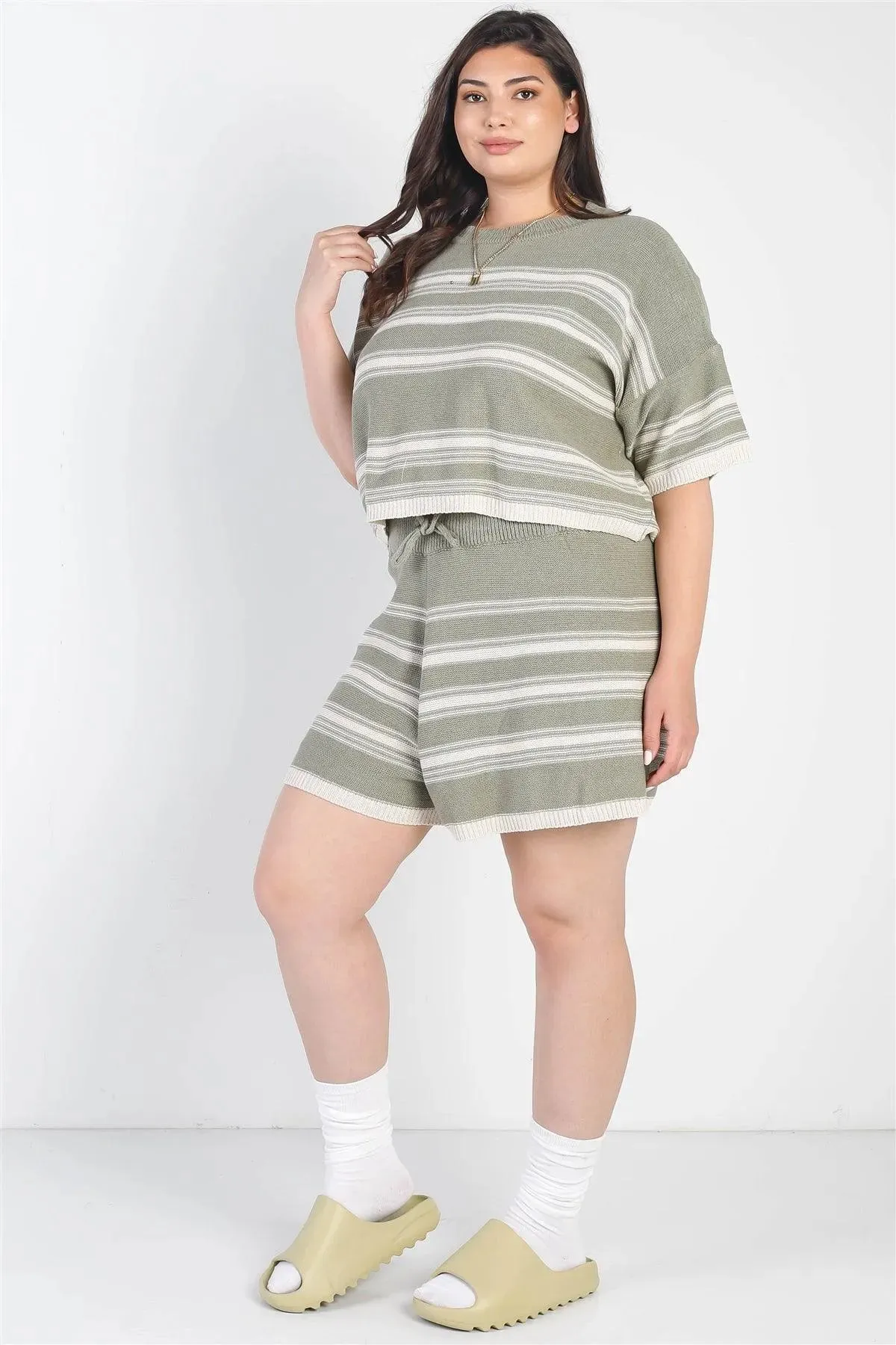 Junior Plus Olive Striped Knit Short Sleeve Crop Top High Waist Shorts Set /3-2-1