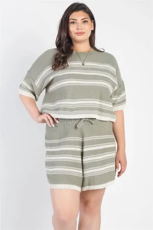 Junior Plus Olive Striped Knit Short Sleeve Crop Top High Waist Shorts Set /3-2-1