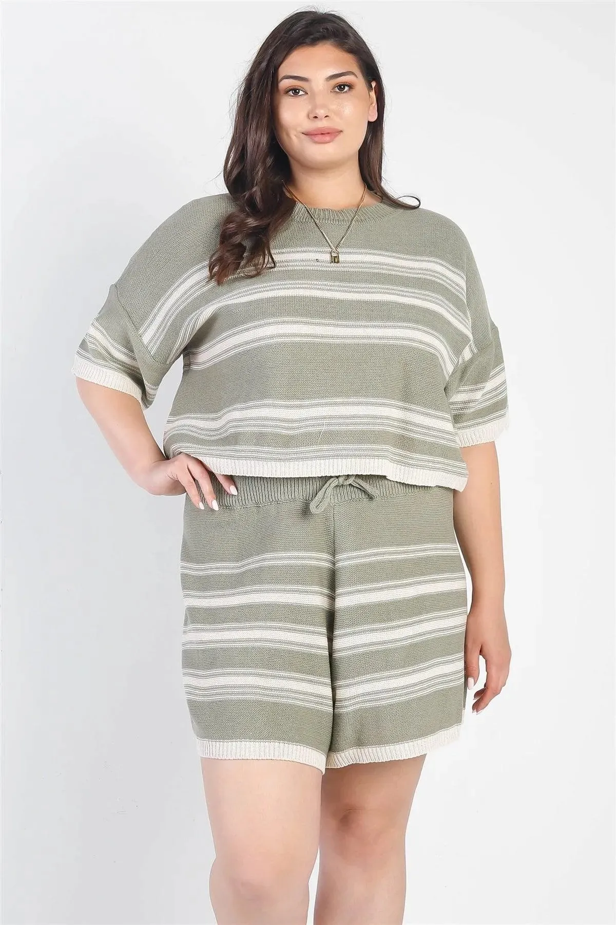 Junior Plus Olive Striped Knit Short Sleeve Crop Top High Waist Shorts Set /3-2-1
