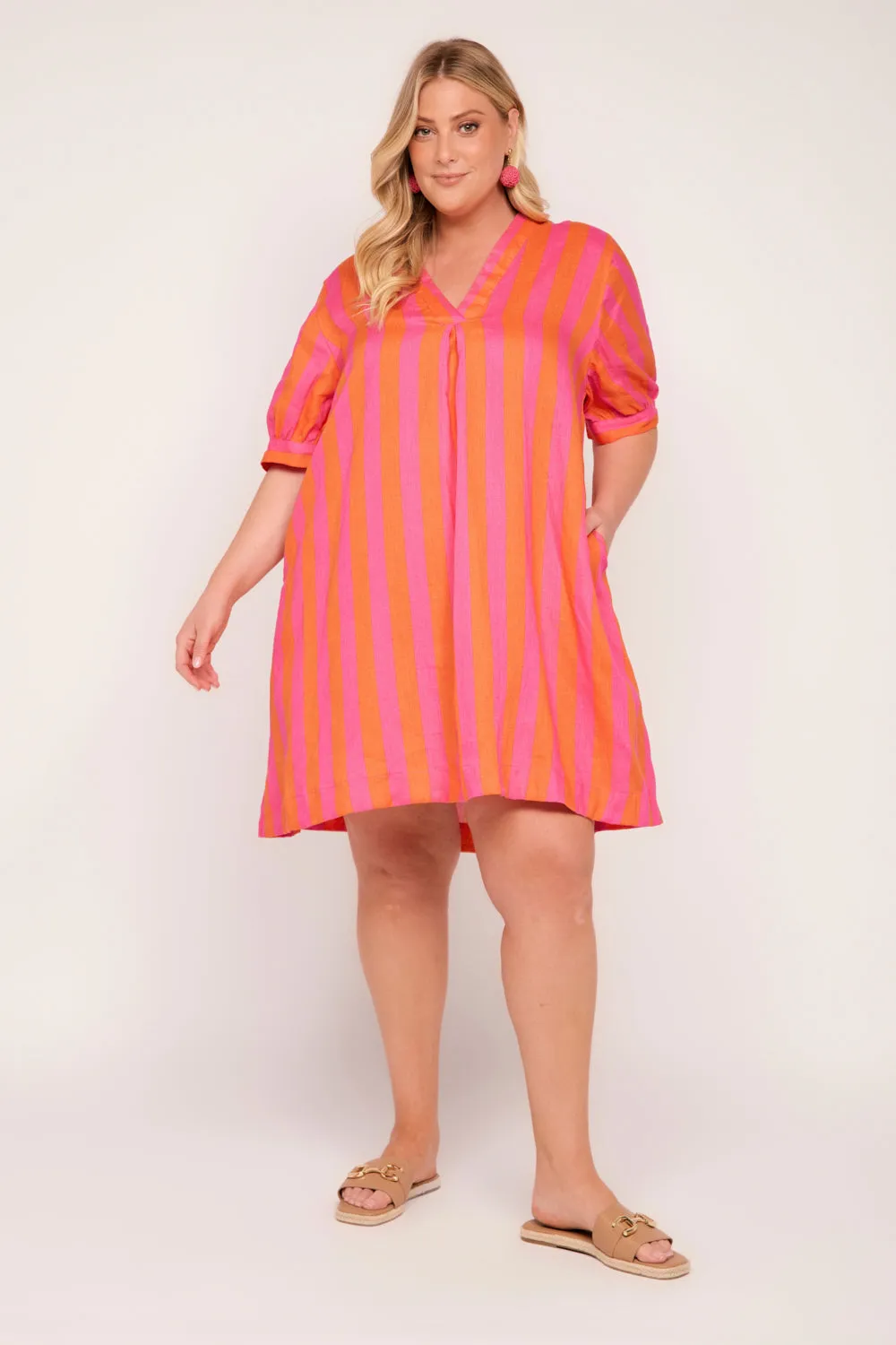 Kora A-Line Puff Sleeve Linen Dress in Afterglow