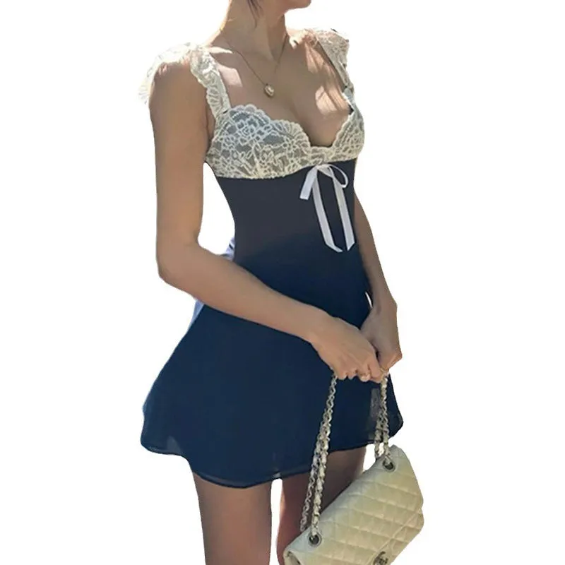 Lace Chiffon Slip Dress Bow V-neck Hip Dress