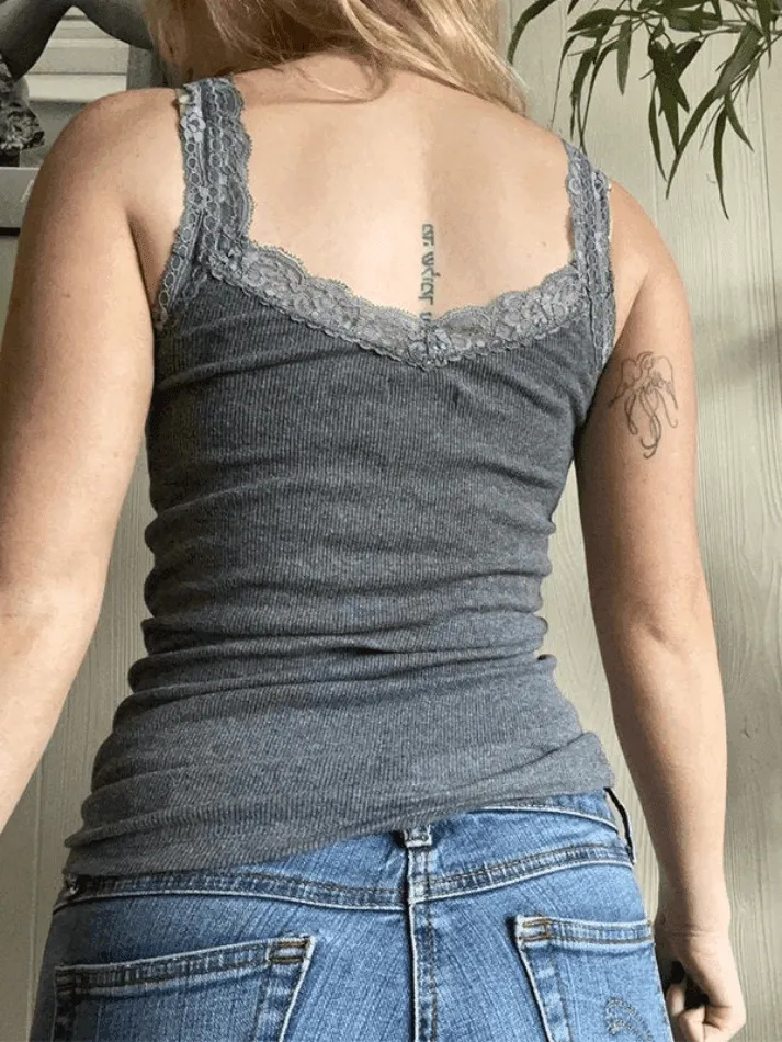Lace Trim Gray Tank Top