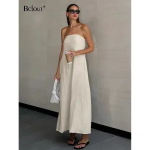 Linen A-Line Women's Strapless Maxi Summer Dress