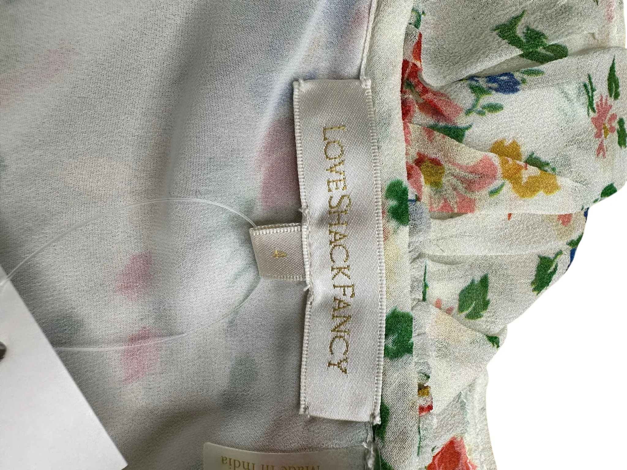 LOVE SHACK FANCY 100% Silk Sage Floral Ruffle Midi Dress Size S