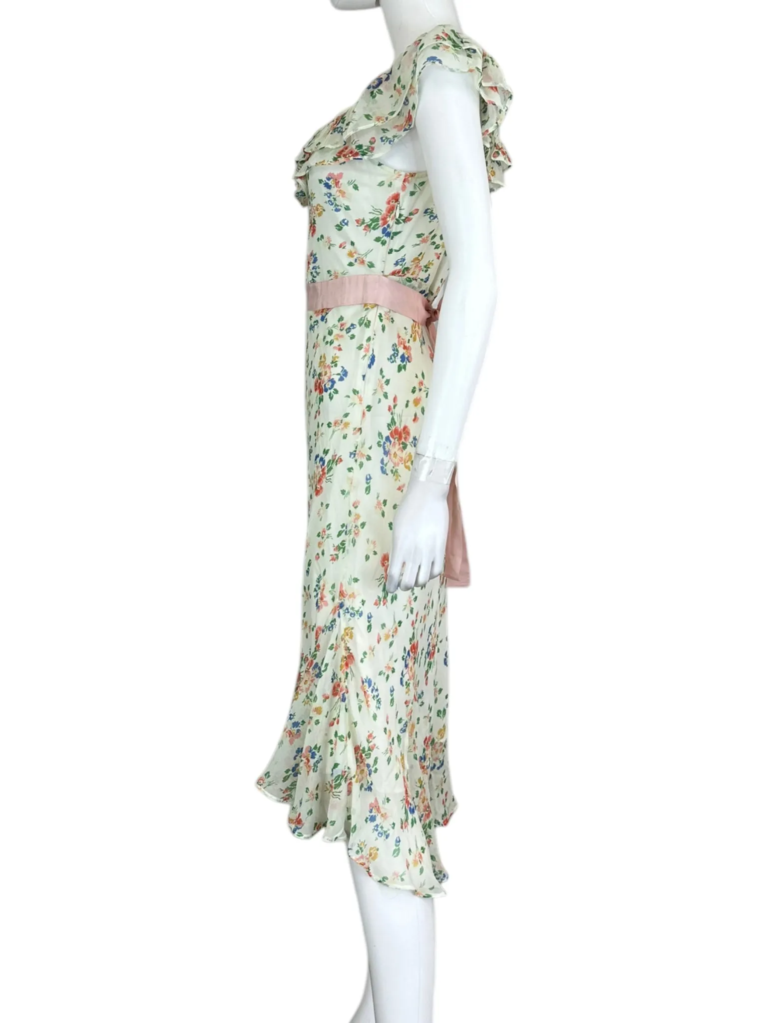LOVE SHACK FANCY 100% Silk Sage Floral Ruffle Midi Dress Size S