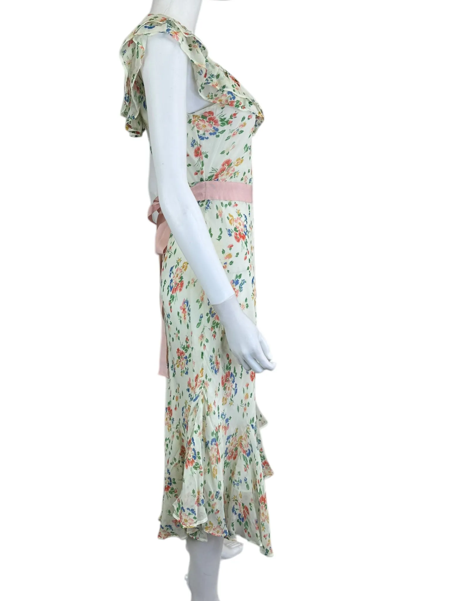 LOVE SHACK FANCY 100% Silk Sage Floral Ruffle Midi Dress Size S