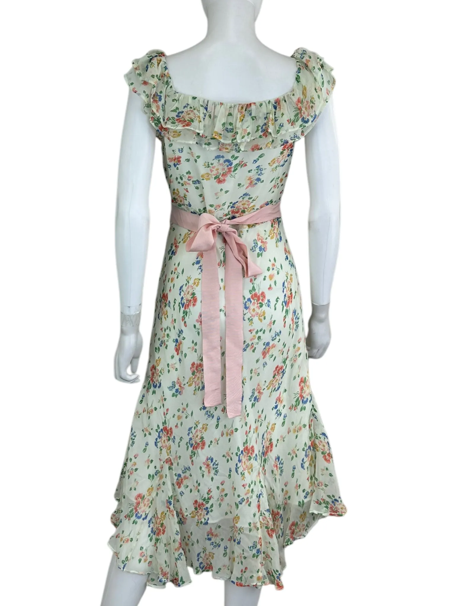 LOVE SHACK FANCY 100% Silk Sage Floral Ruffle Midi Dress Size S