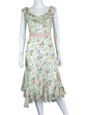 LOVE SHACK FANCY 100% Silk Sage Floral Ruffle Midi Dress Size S