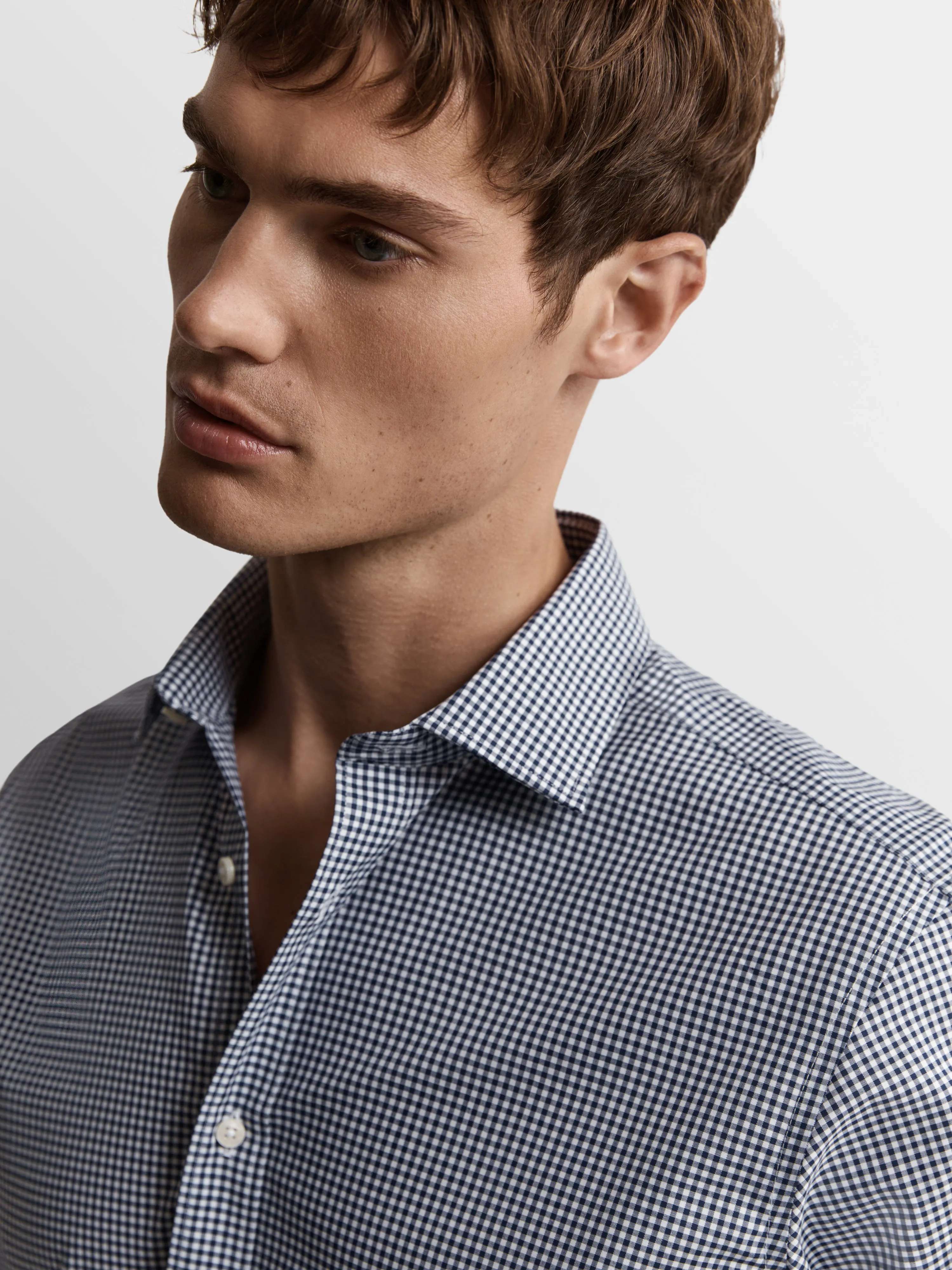 Max Performance Navy Gingham Single Cuff Classic Collar Shirt - Slim