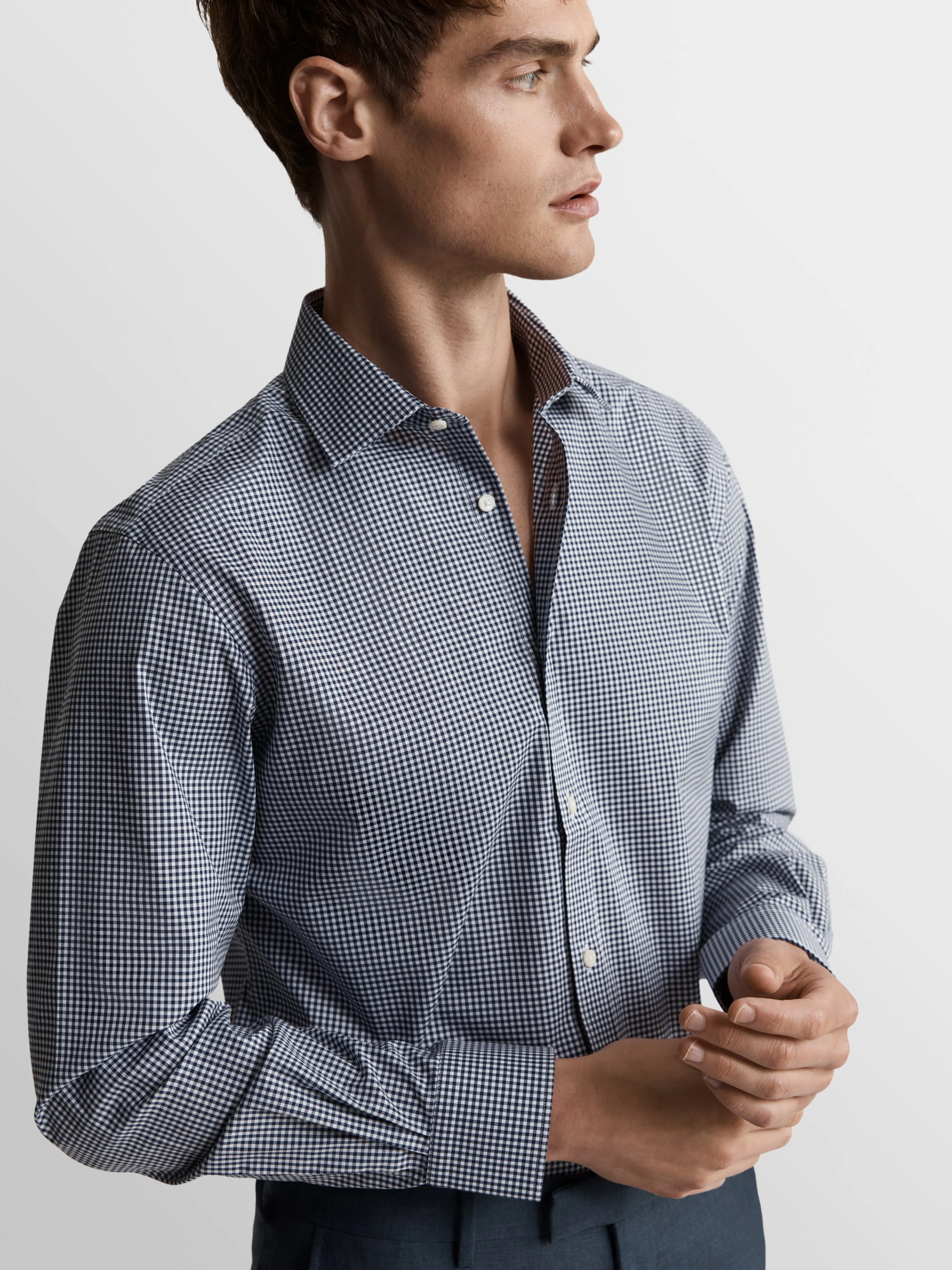 Max Performance Navy Gingham Single Cuff Classic Collar Shirt - Slim