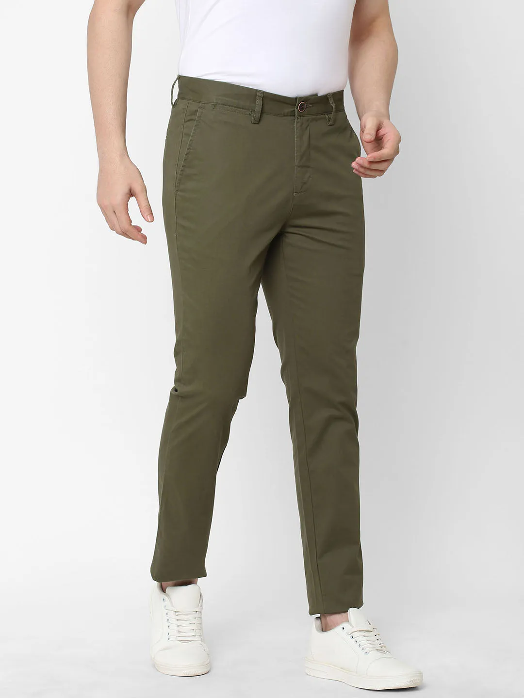 Men's Olive Cotton Lycra Slim Fit Pant