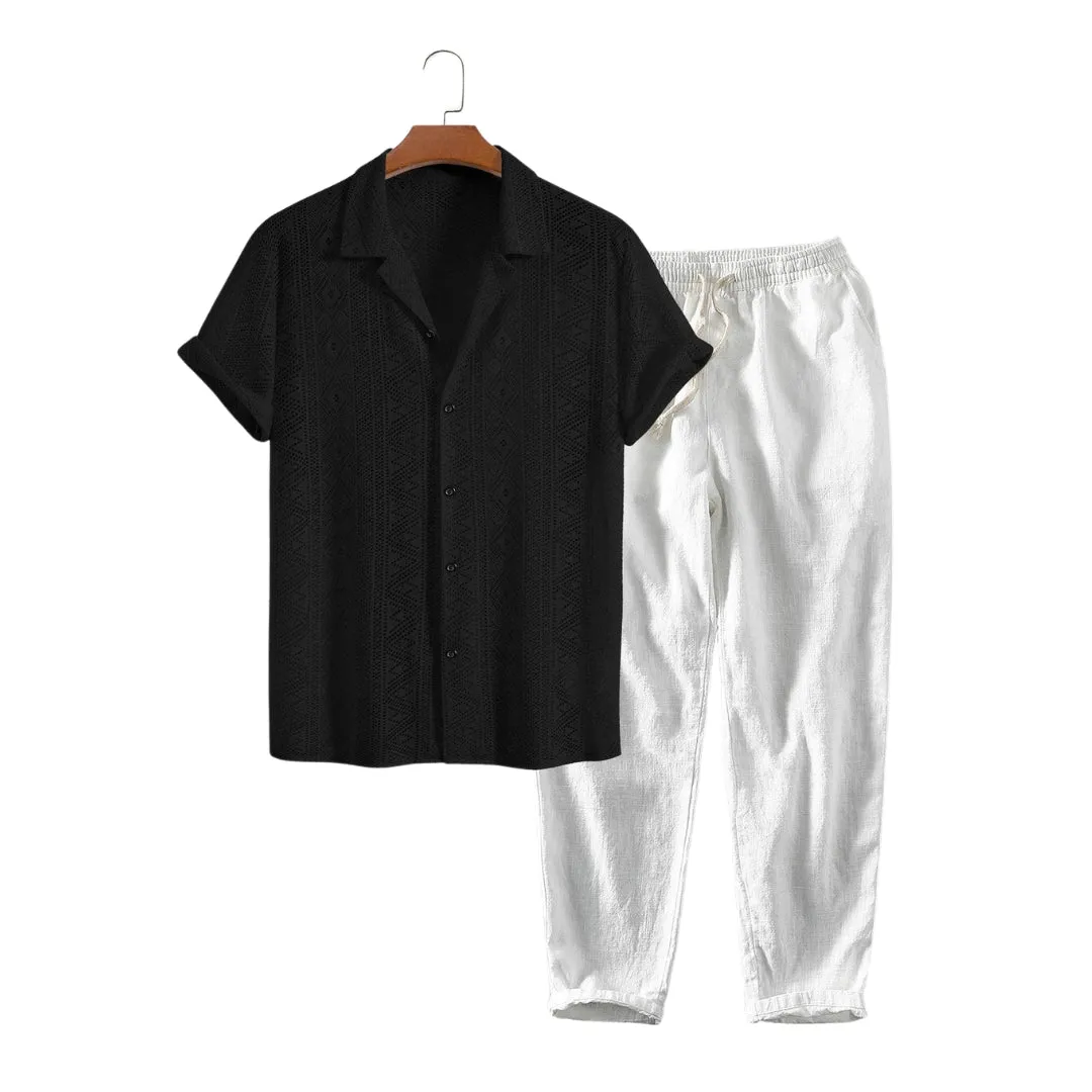 Men's Short Sleeve Textured Geometric Cuban Shirt & Linen-Cotton Blend Shorts Set