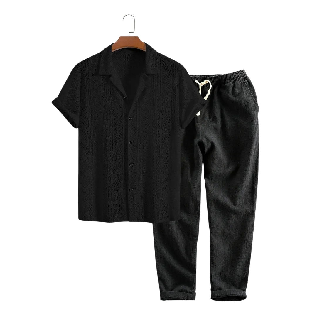 Men's Short Sleeve Textured Geometric Cuban Shirt & Linen-Cotton Blend Shorts Set