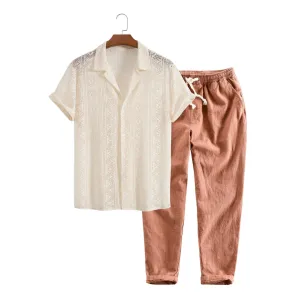 Men's Short Sleeve Textured Geometric Cuban Shirt & Linen-Cotton Blend Shorts Set
