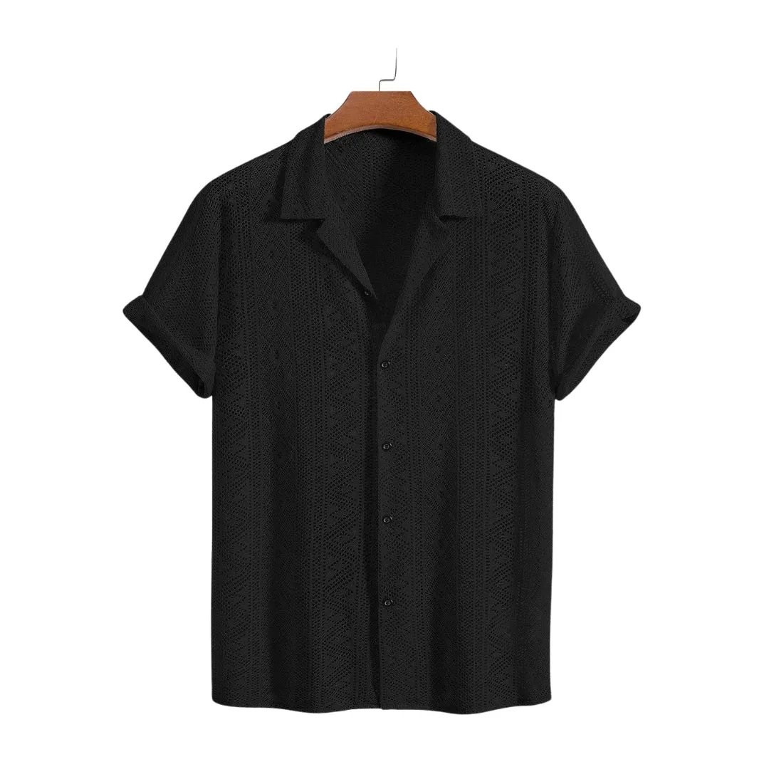 Men's Short Sleeve Textured Geometric Cuban Shirt & Linen-Cotton Blend Shorts Set