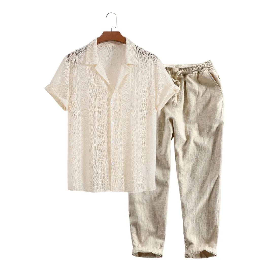 Men's Short Sleeve Textured Geometric Cuban Shirt & Linen-Cotton Blend Shorts Set