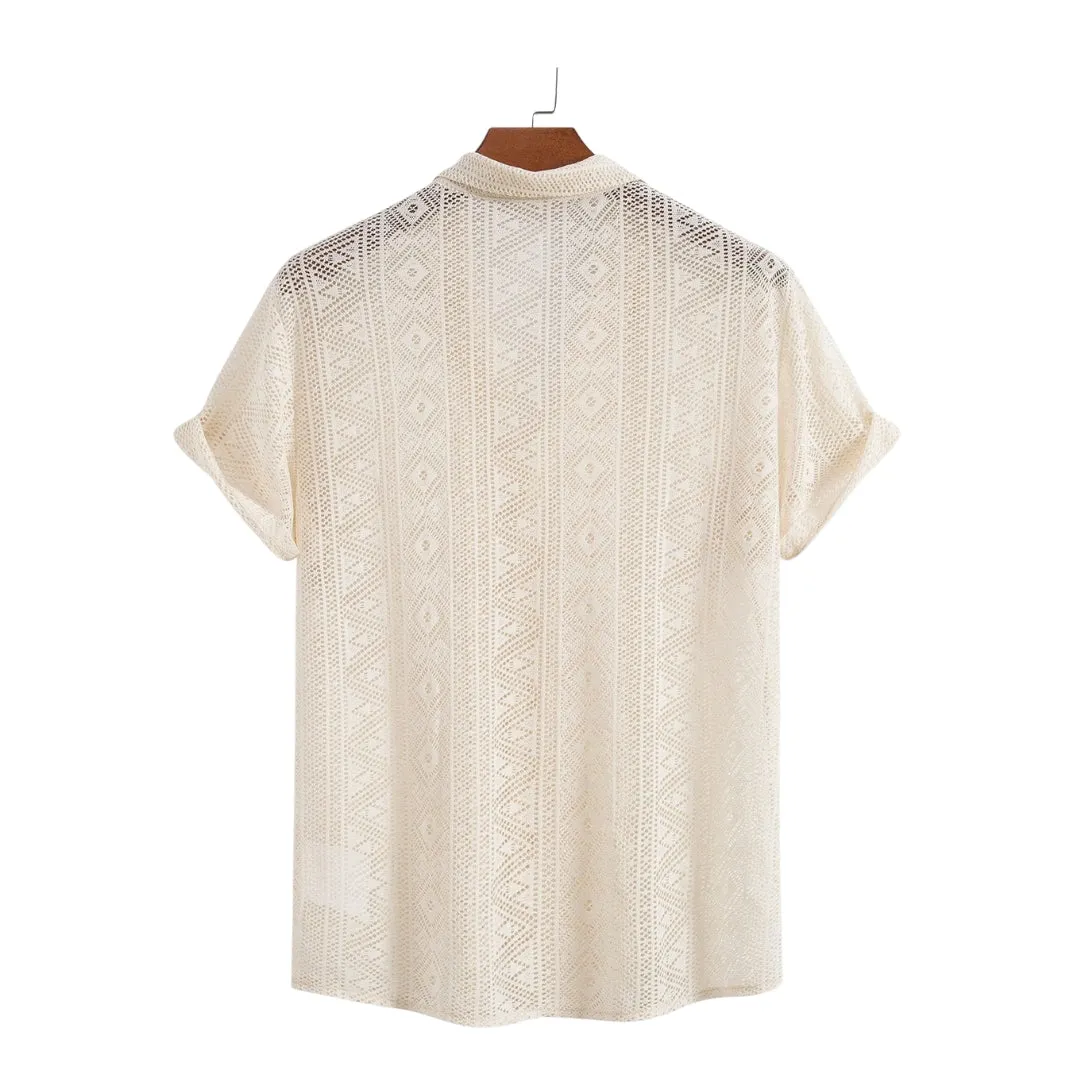 Men's Short Sleeve Textured Geometric Cuban Shirt & Linen-Cotton Blend Shorts Set