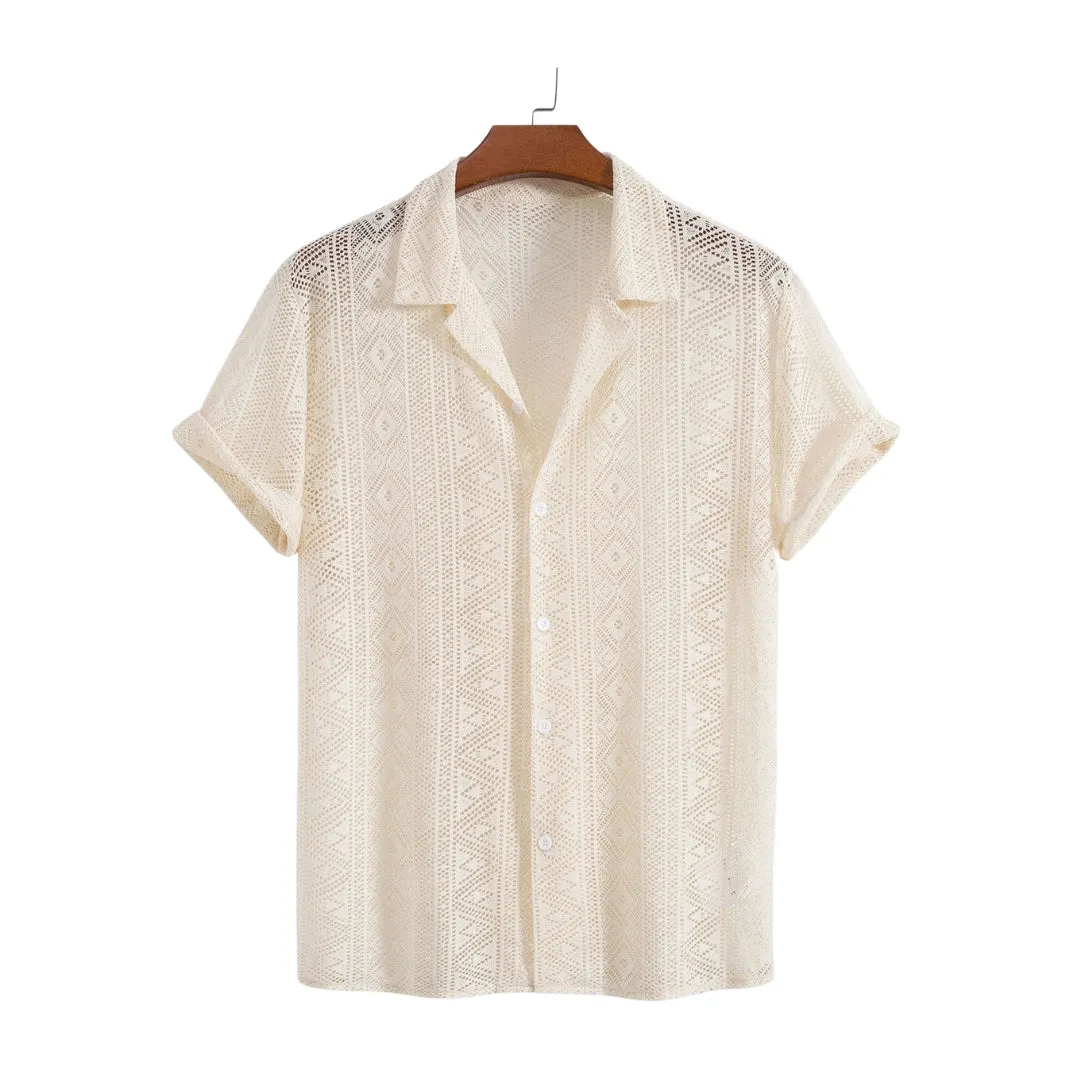 Men's Short Sleeve Textured Geometric Cuban Shirt & Linen-Cotton Blend Shorts Set