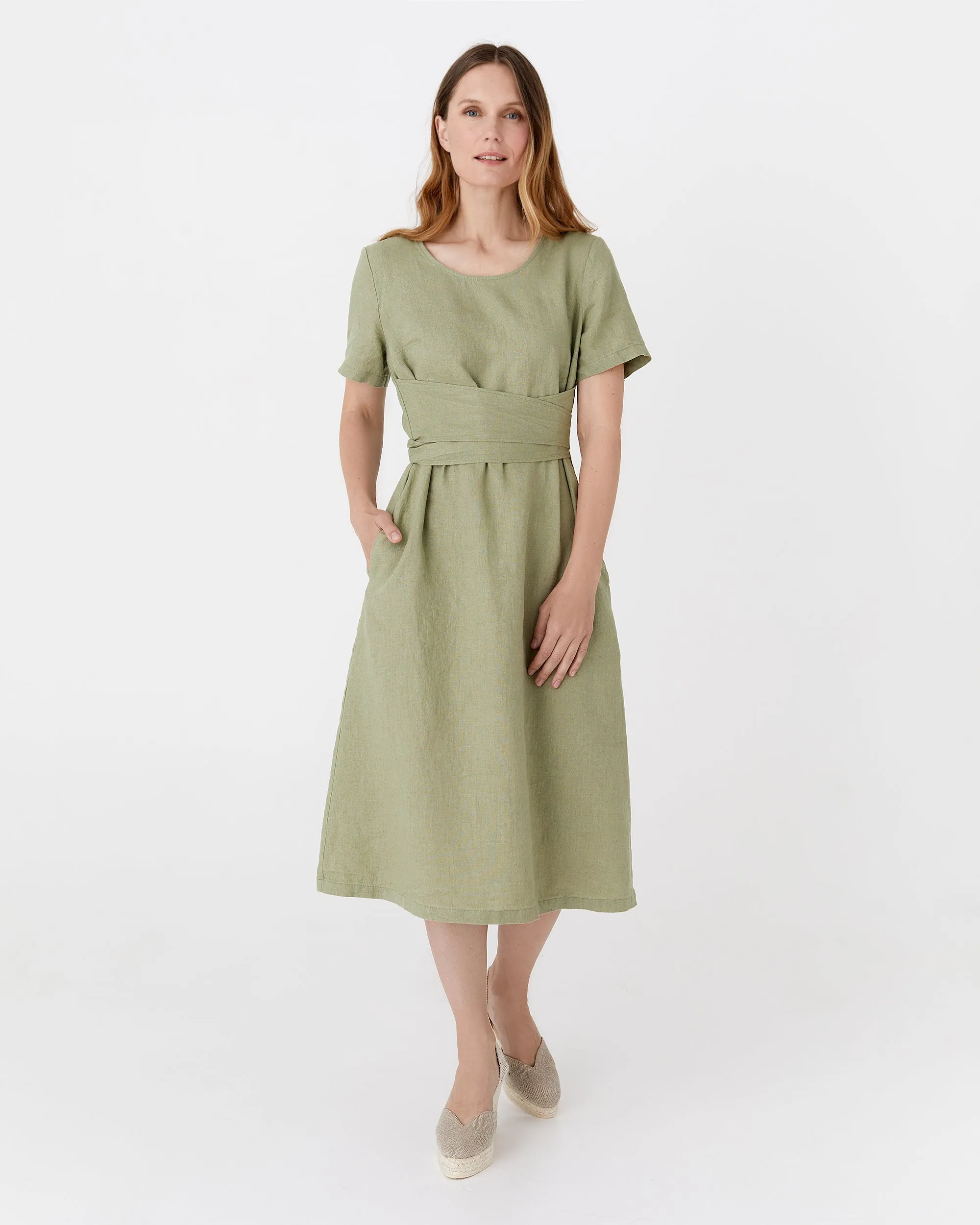 Midi wrap linen dress MANILA in Sage