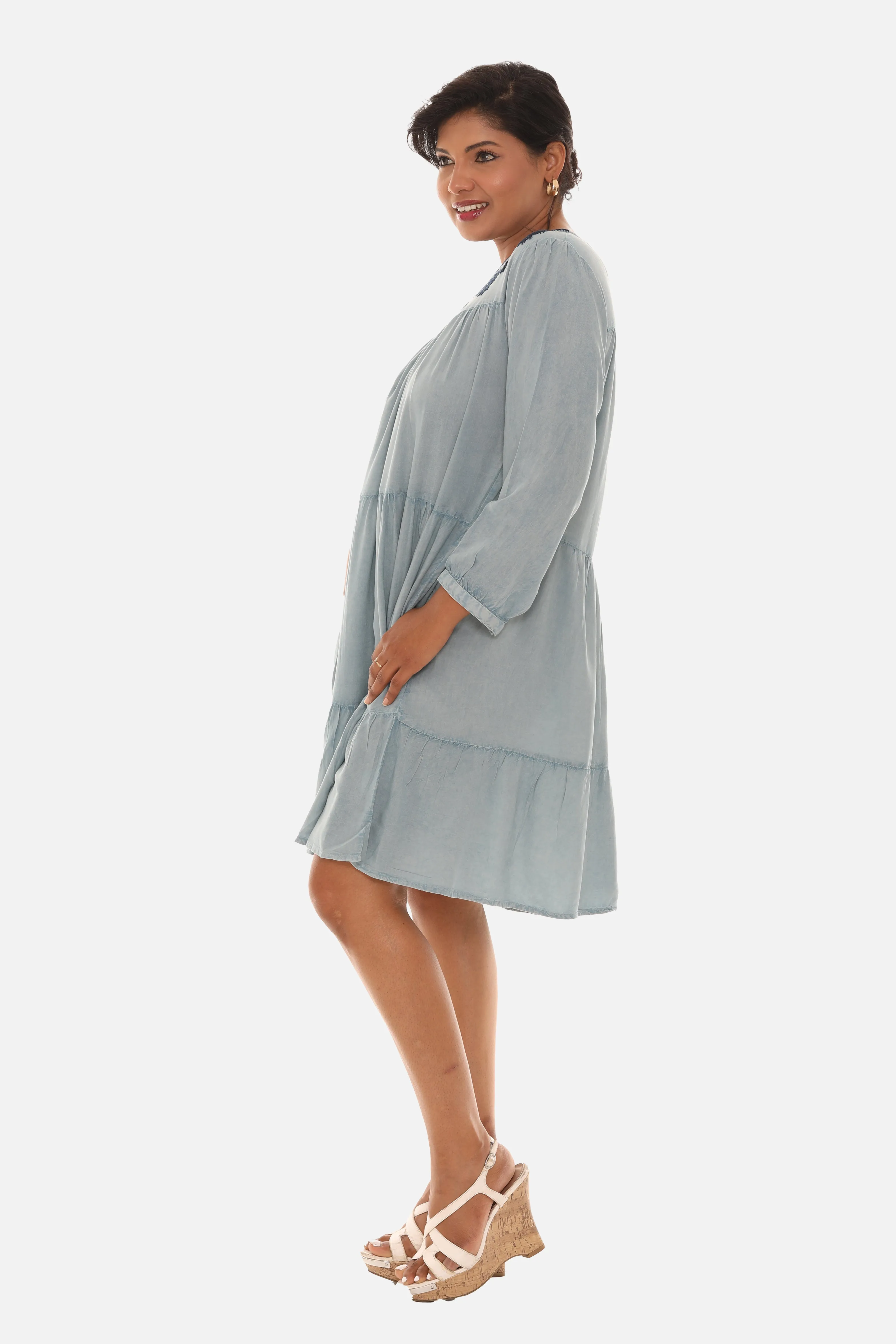 Multi Tier Long Sleeve Embroidered Neck Rayon Dress