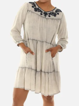 Multi Tier Long Sleeve Embroidered Neck Rayon Dress