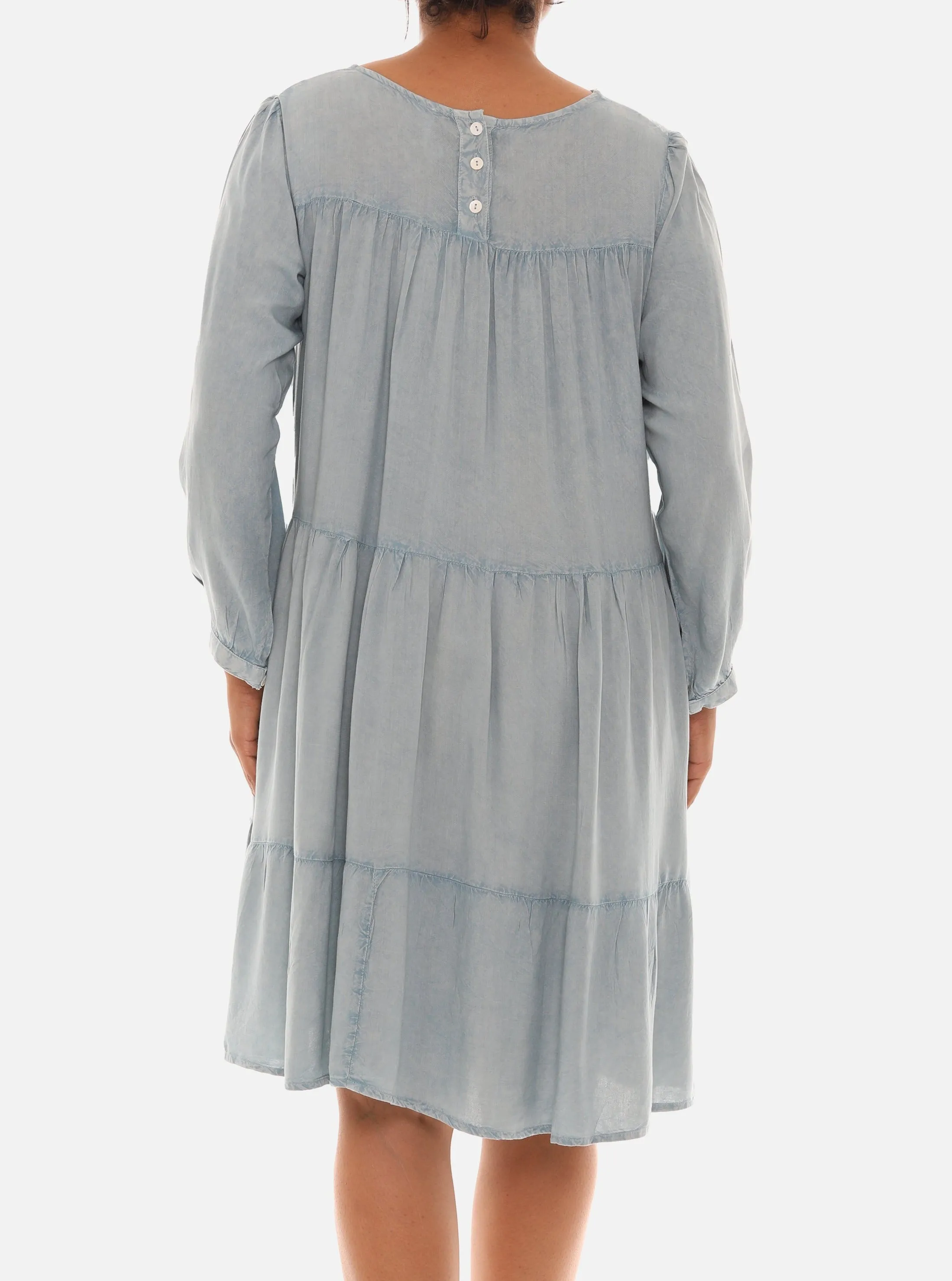 Multi Tier Long Sleeve Embroidered Neck Rayon Dress