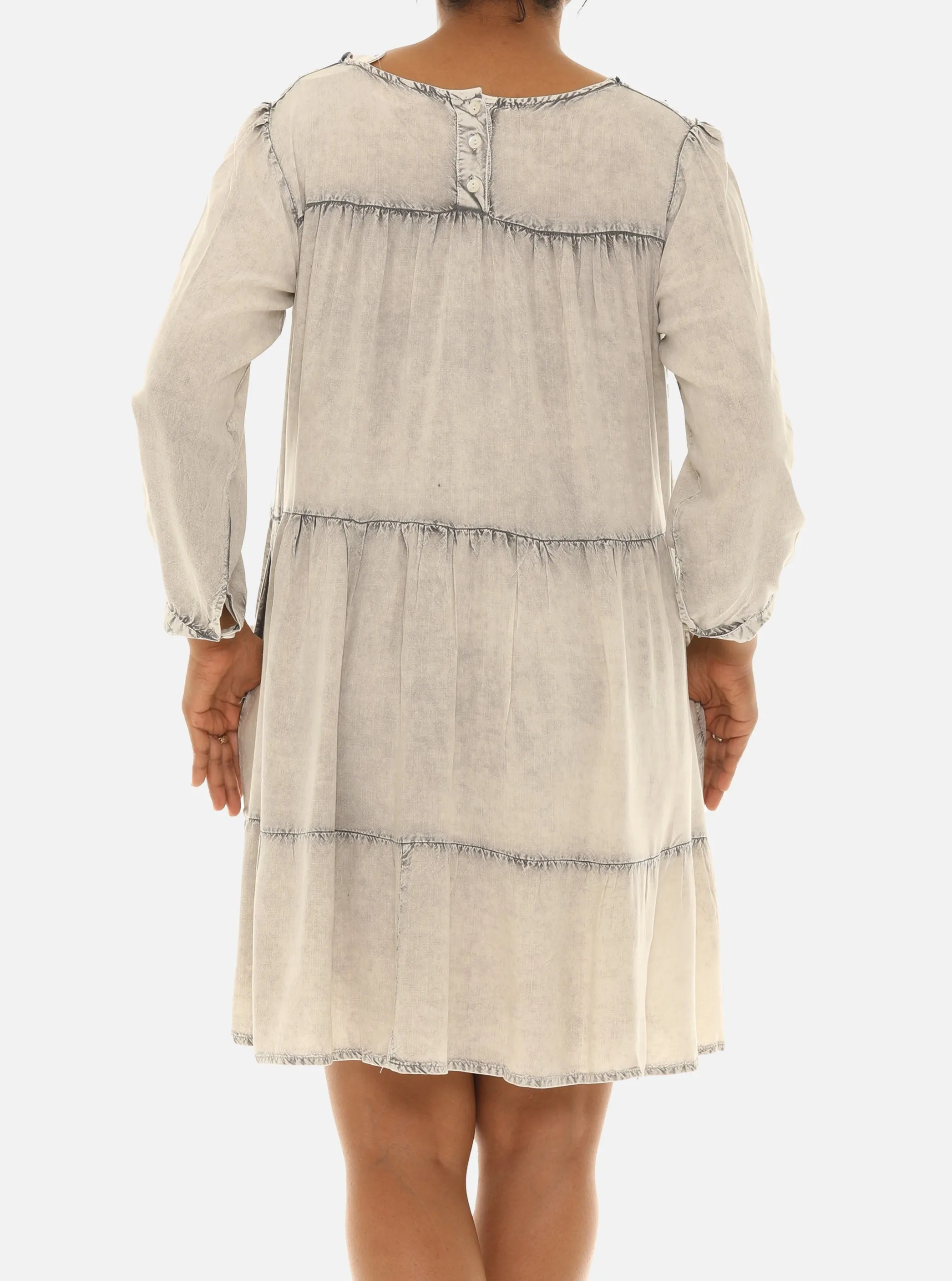 Multi Tier Long Sleeve Embroidered Neck Rayon Dress
