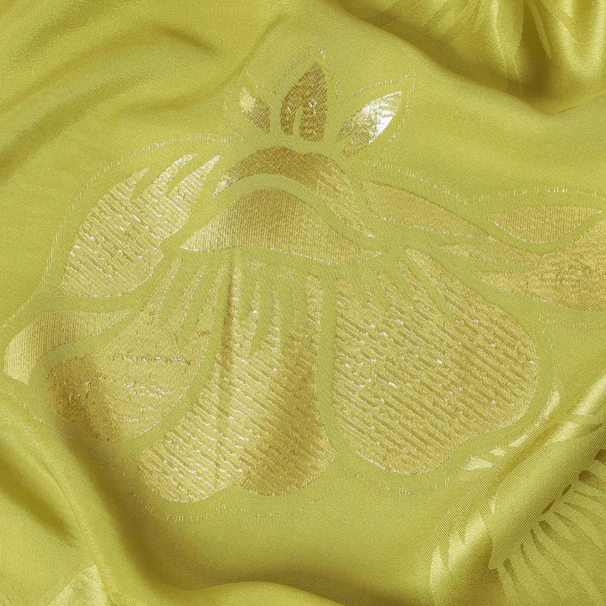 Olive green premium pure silk crepe fabric with gold metallic lurex in floral design-D13708