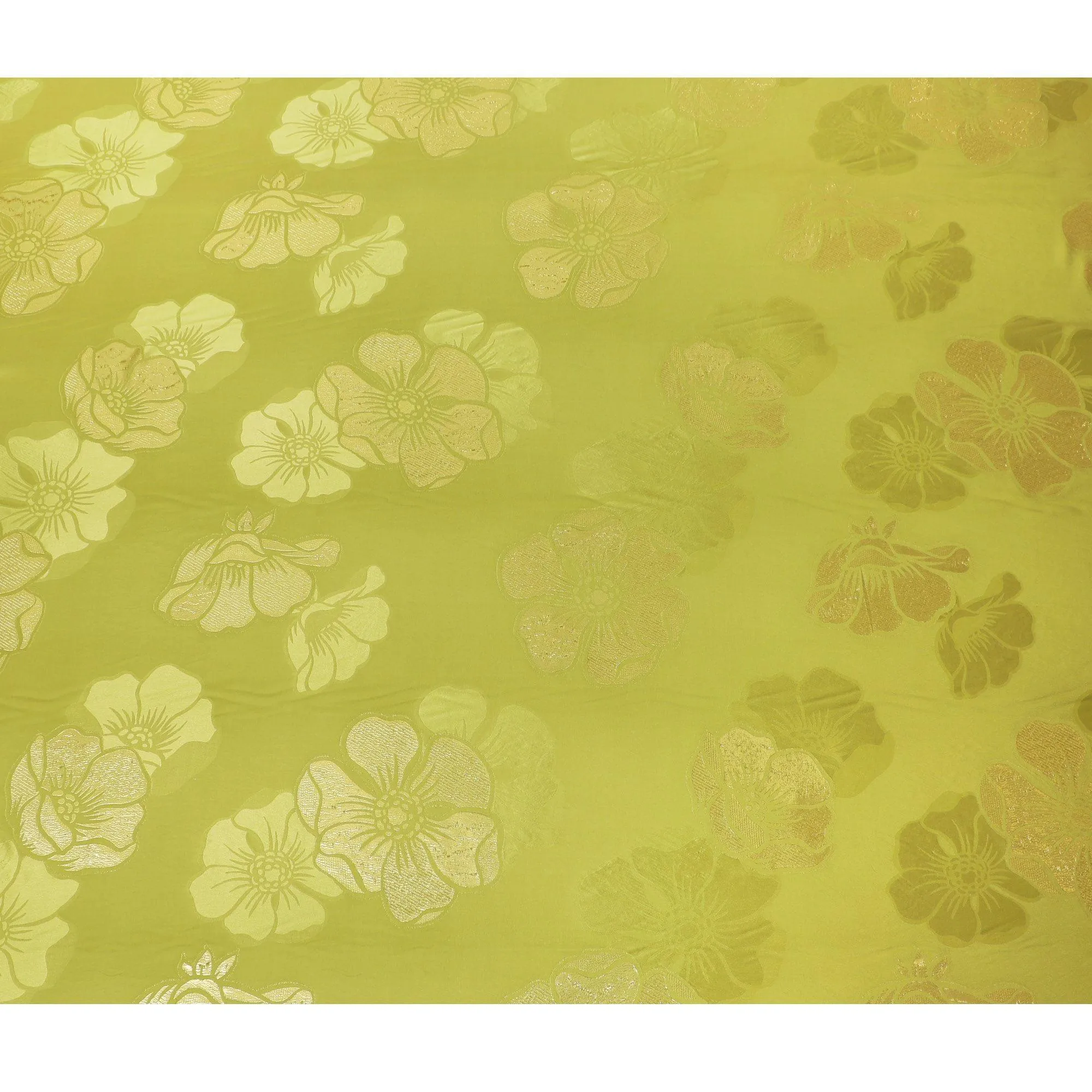 Olive green premium pure silk crepe fabric with gold metallic lurex in floral design-D13708