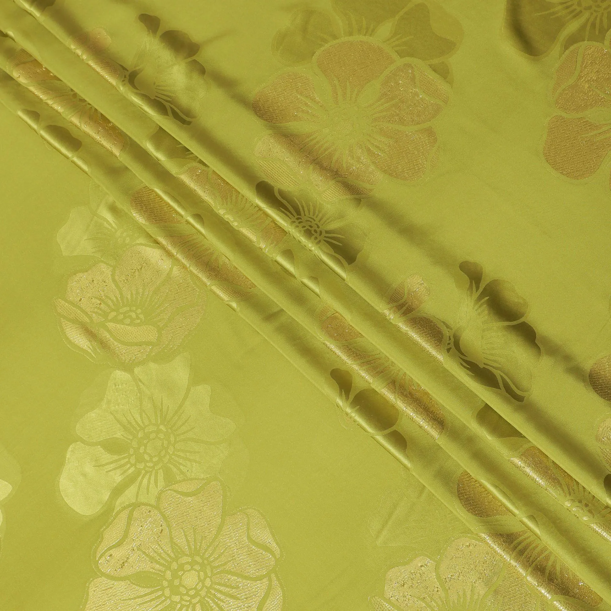 Olive green premium pure silk crepe fabric with gold metallic lurex in floral design-D13708