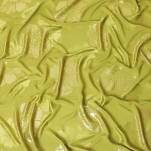 Olive green premium pure silk crepe fabric with gold metallic lurex in floral design-D13708