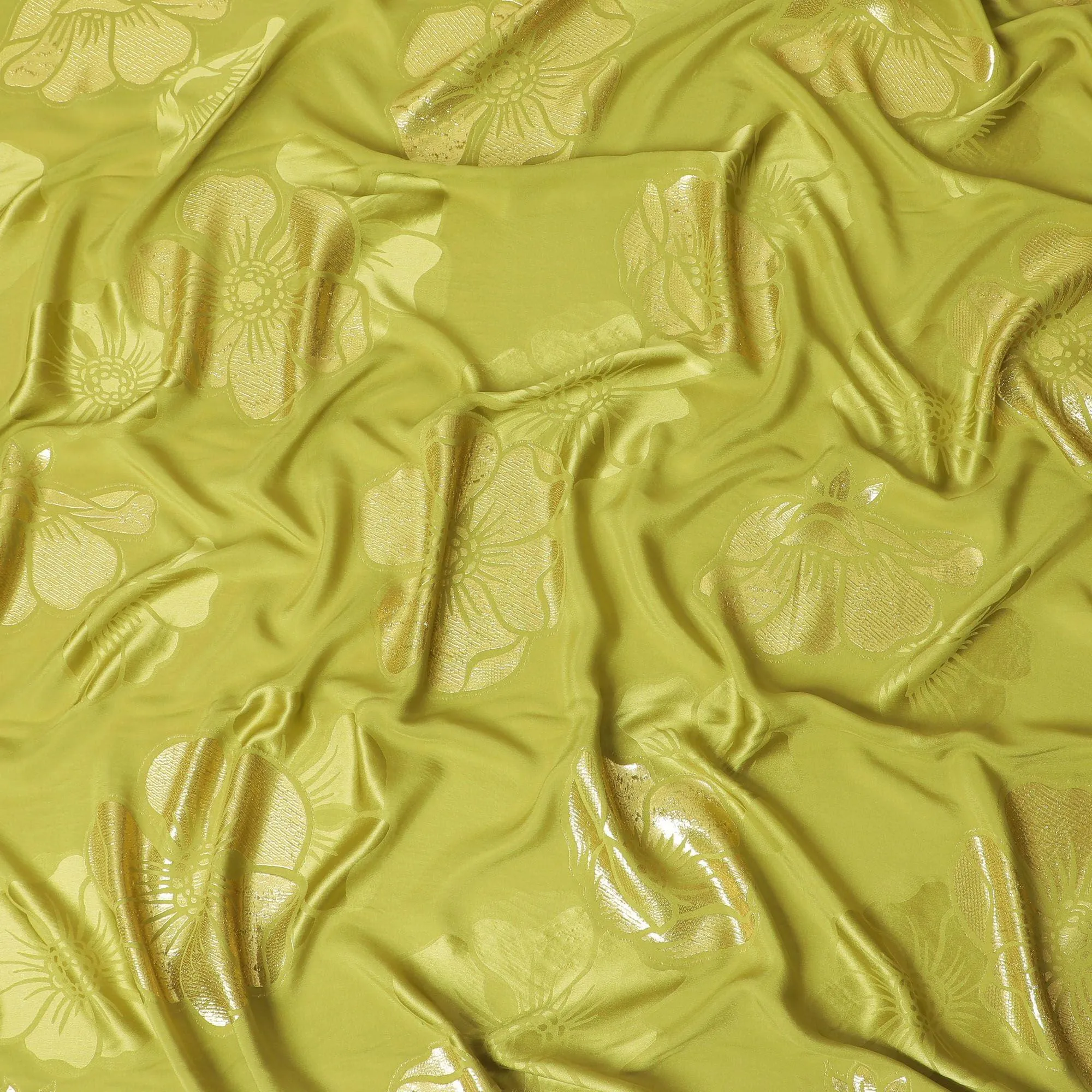 Olive green premium pure silk crepe fabric with gold metallic lurex in floral design-D13708
