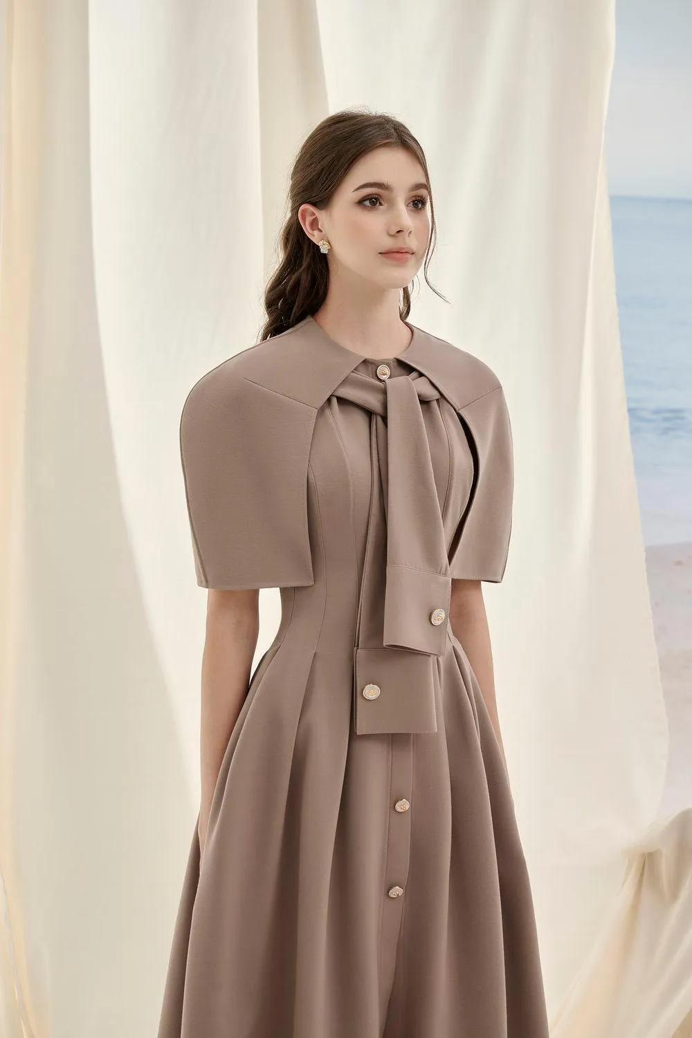 Olivia Kelsey A-line Cape Shoulder Cotton Midi Dress
