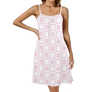 PINK WHITE SQUARE PRINT 4 Drawstring Neck Sleeveless Dress (Model D68)