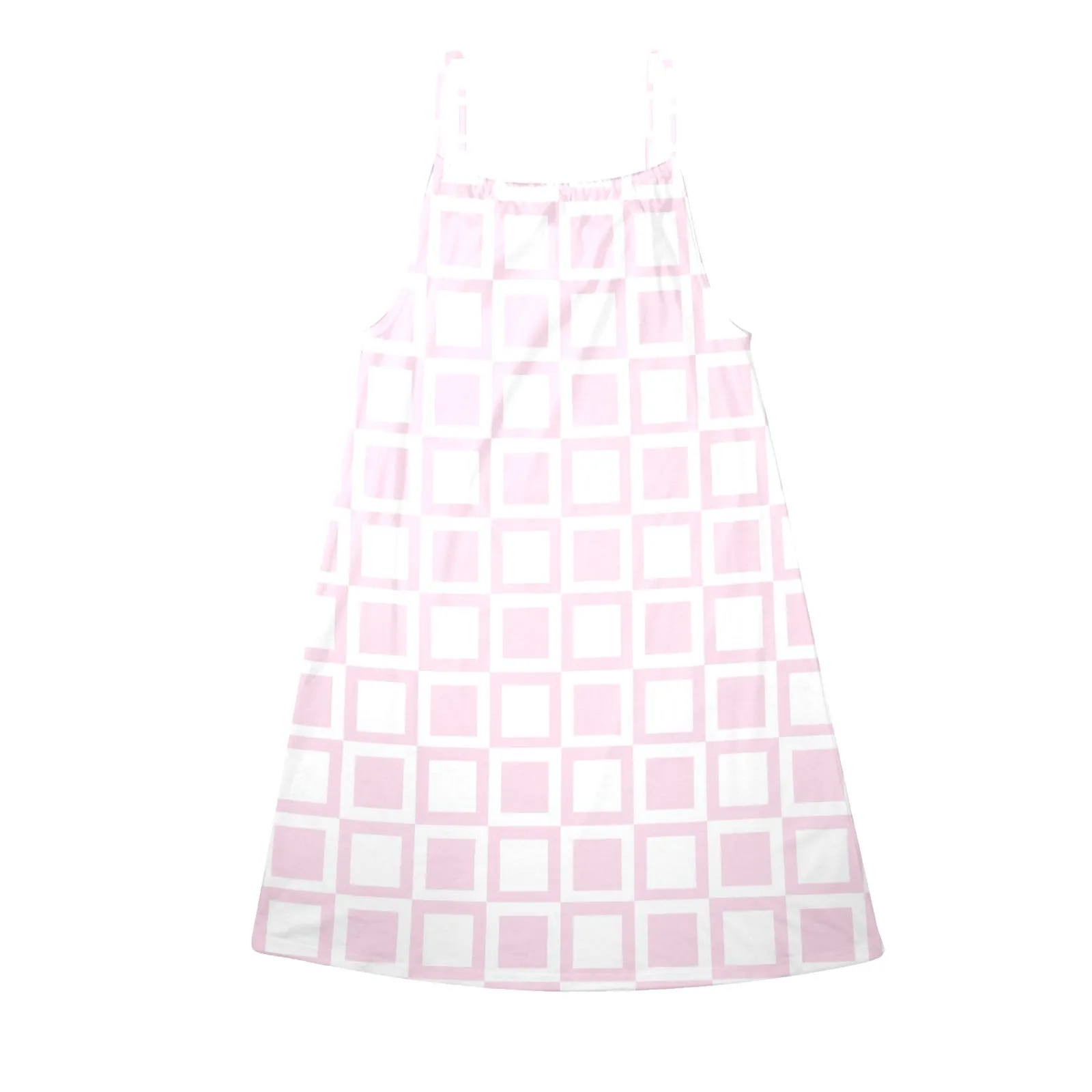 PINK WHITE SQUARE PRINT 4 Drawstring Neck Sleeveless Dress (Model D68)