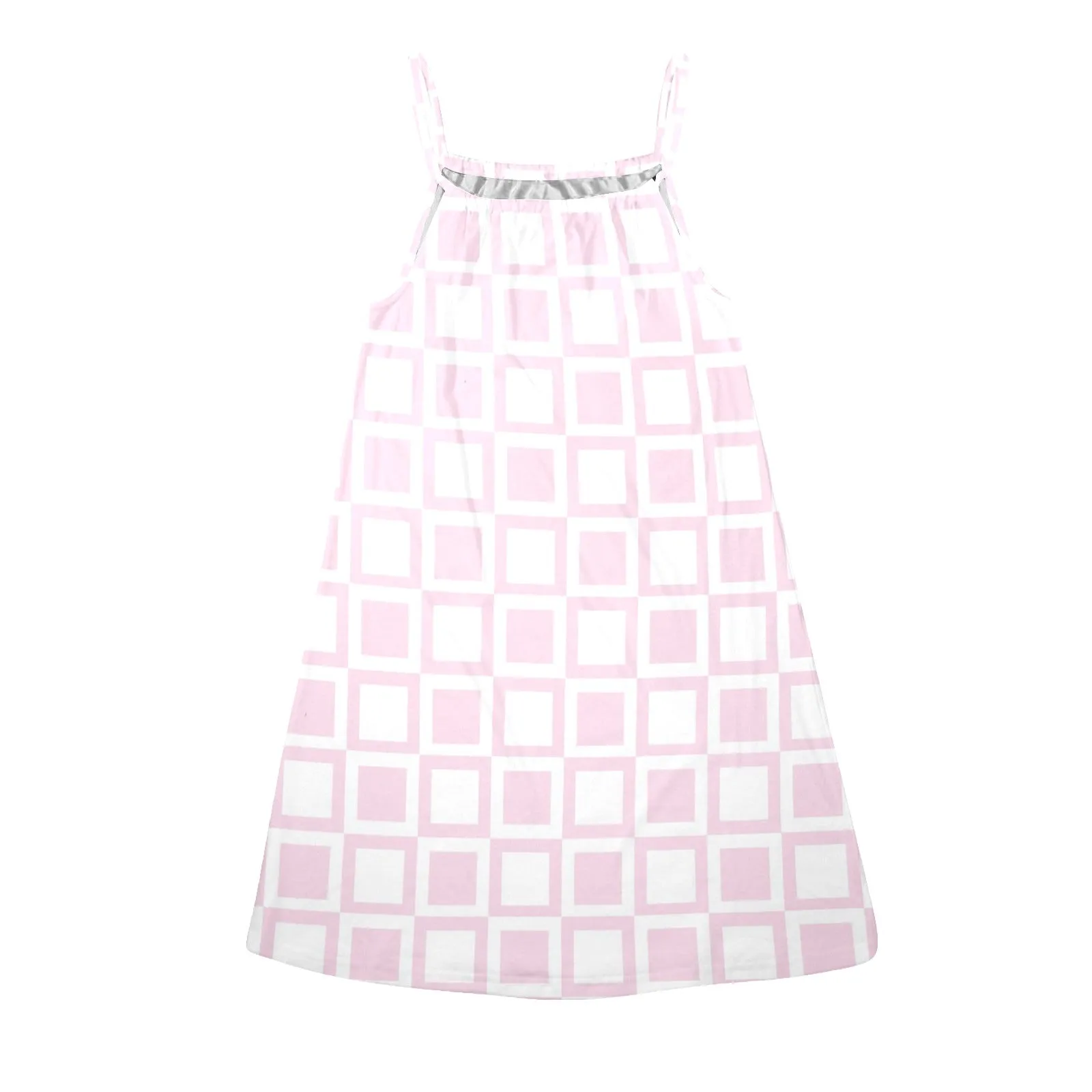 PINK WHITE SQUARE PRINT 4 Drawstring Neck Sleeveless Dress (Model D68)
