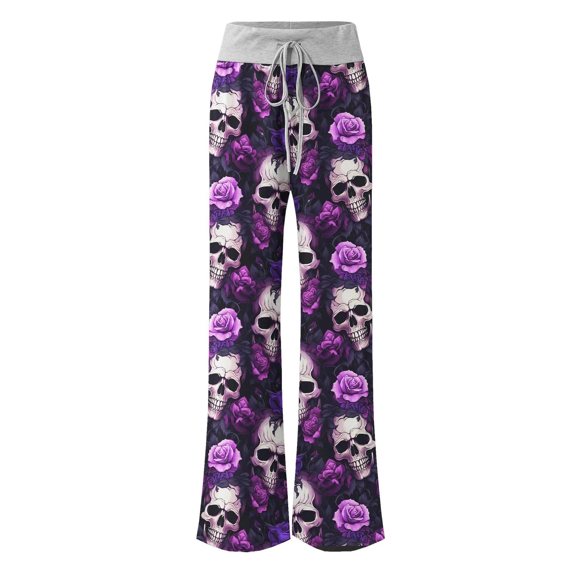 Purple Skull Floral Women's High-waisted Wide Leg Pants