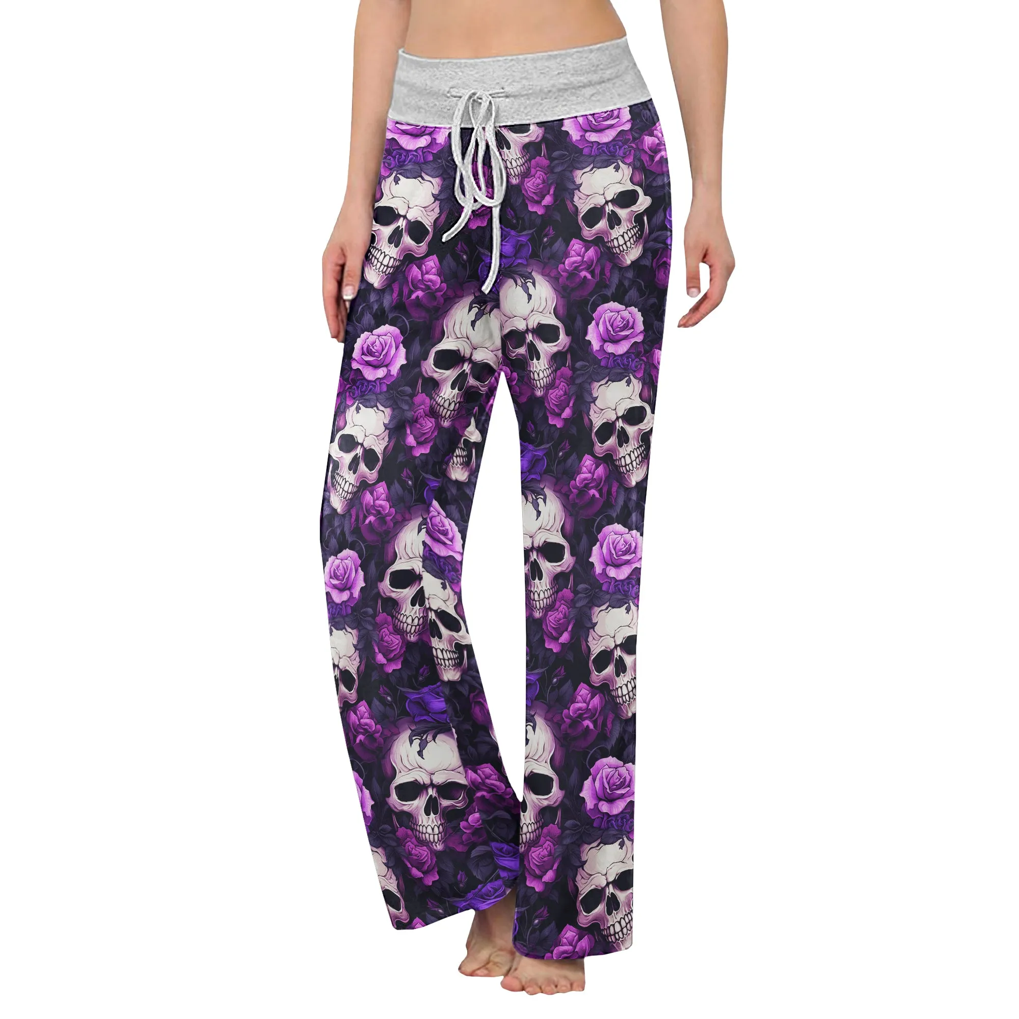 Purple Skull Floral Women's High-waisted Wide Leg Pants