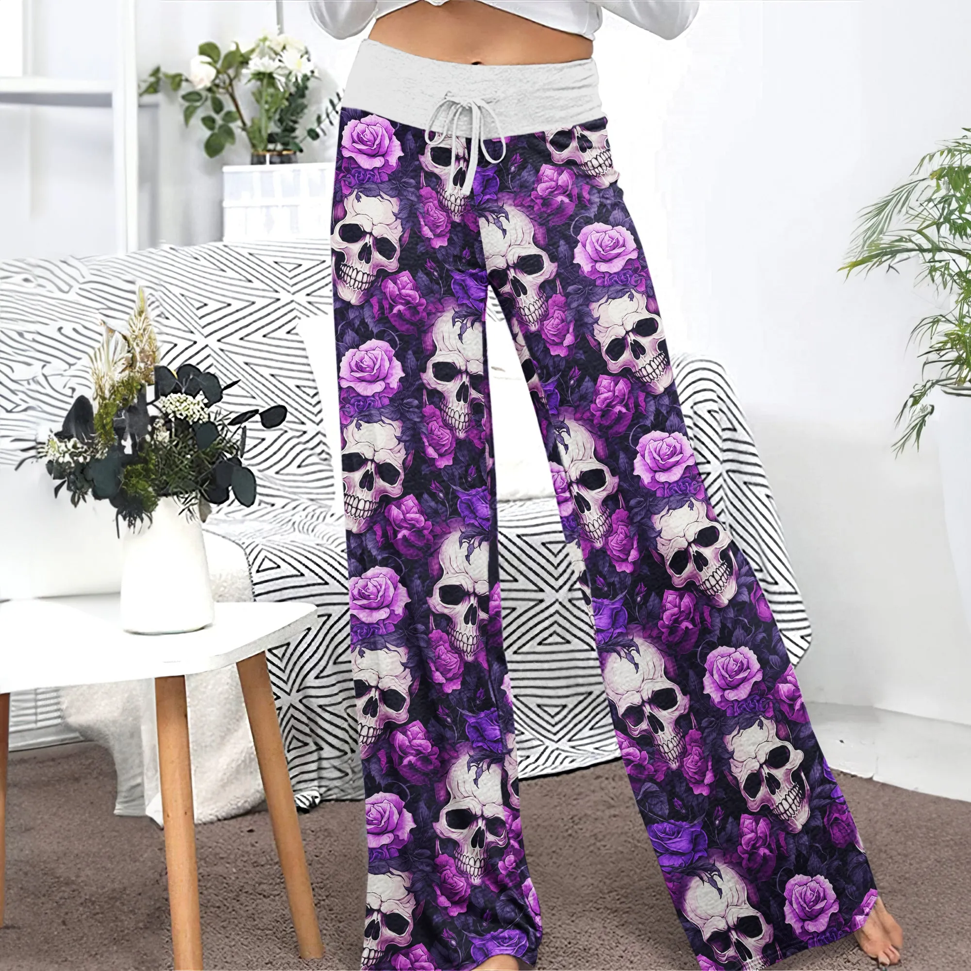 Purple Skull Floral Women's High-waisted Wide Leg Pants