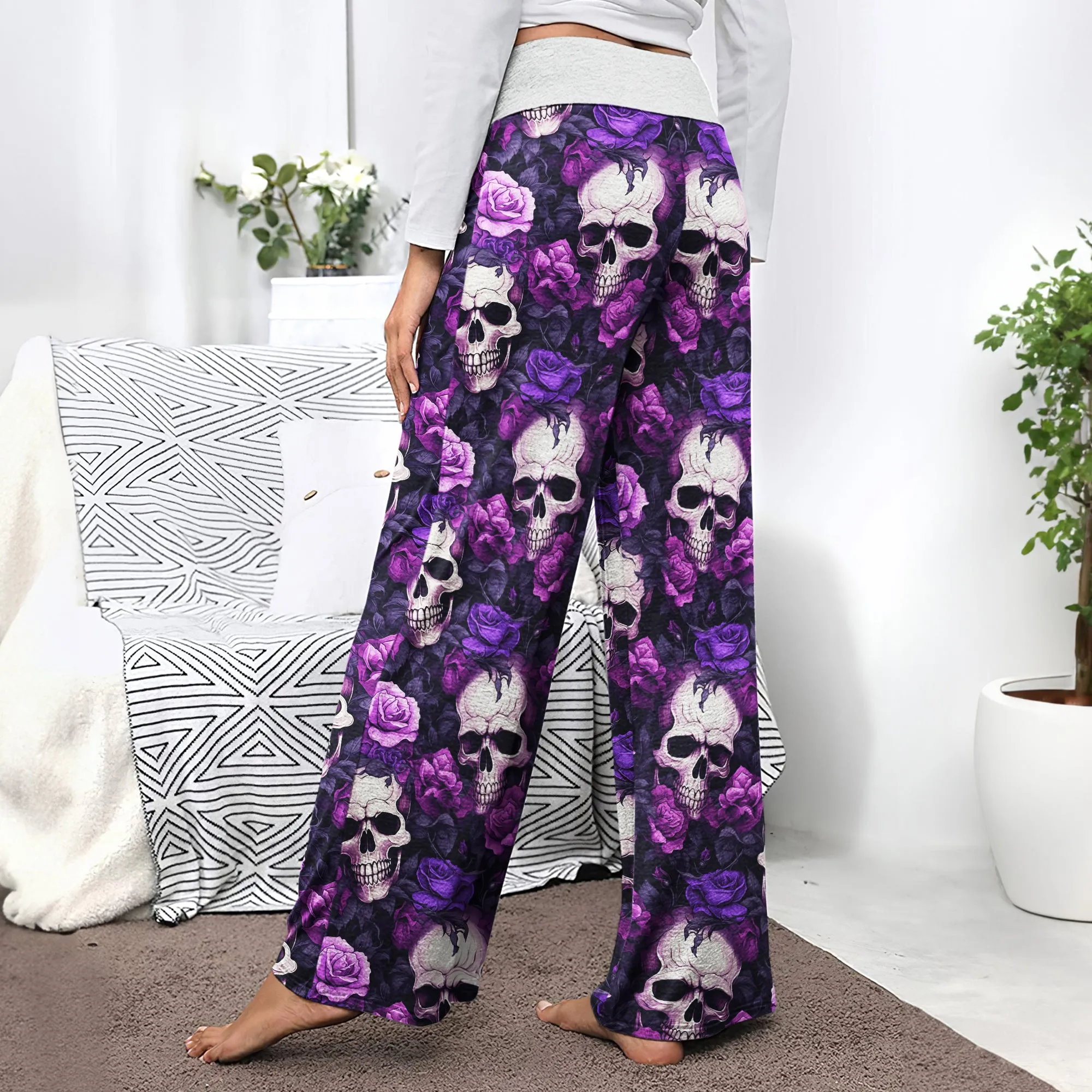 Purple Skull Floral Women's High-waisted Wide Leg Pants