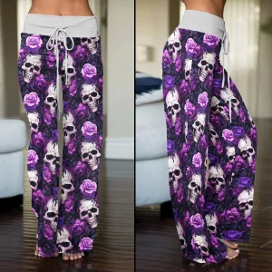 Purple Skull Floral Women's High-waisted Wide Leg Pants