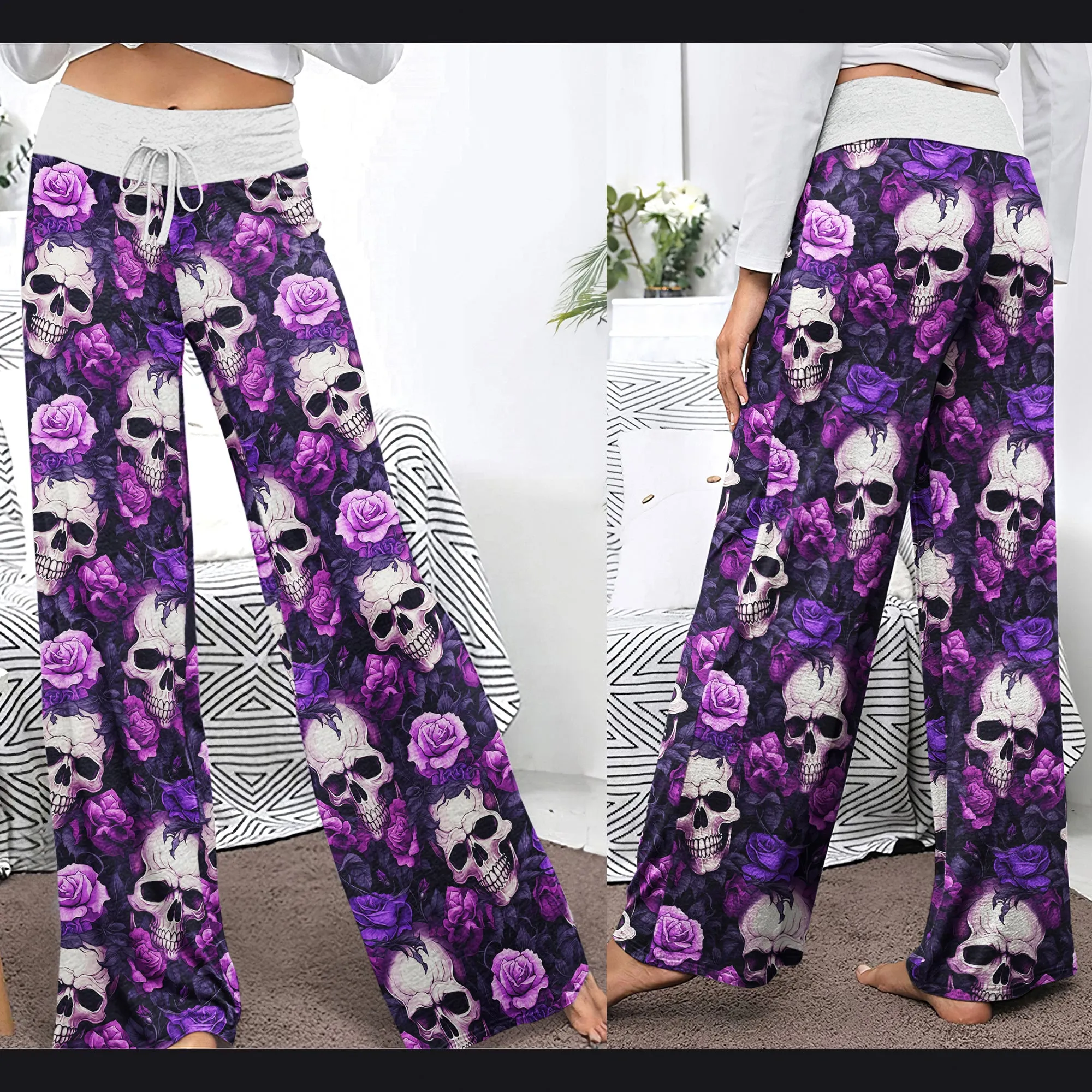 Purple Skull Floral Women's High-waisted Wide Leg Pants