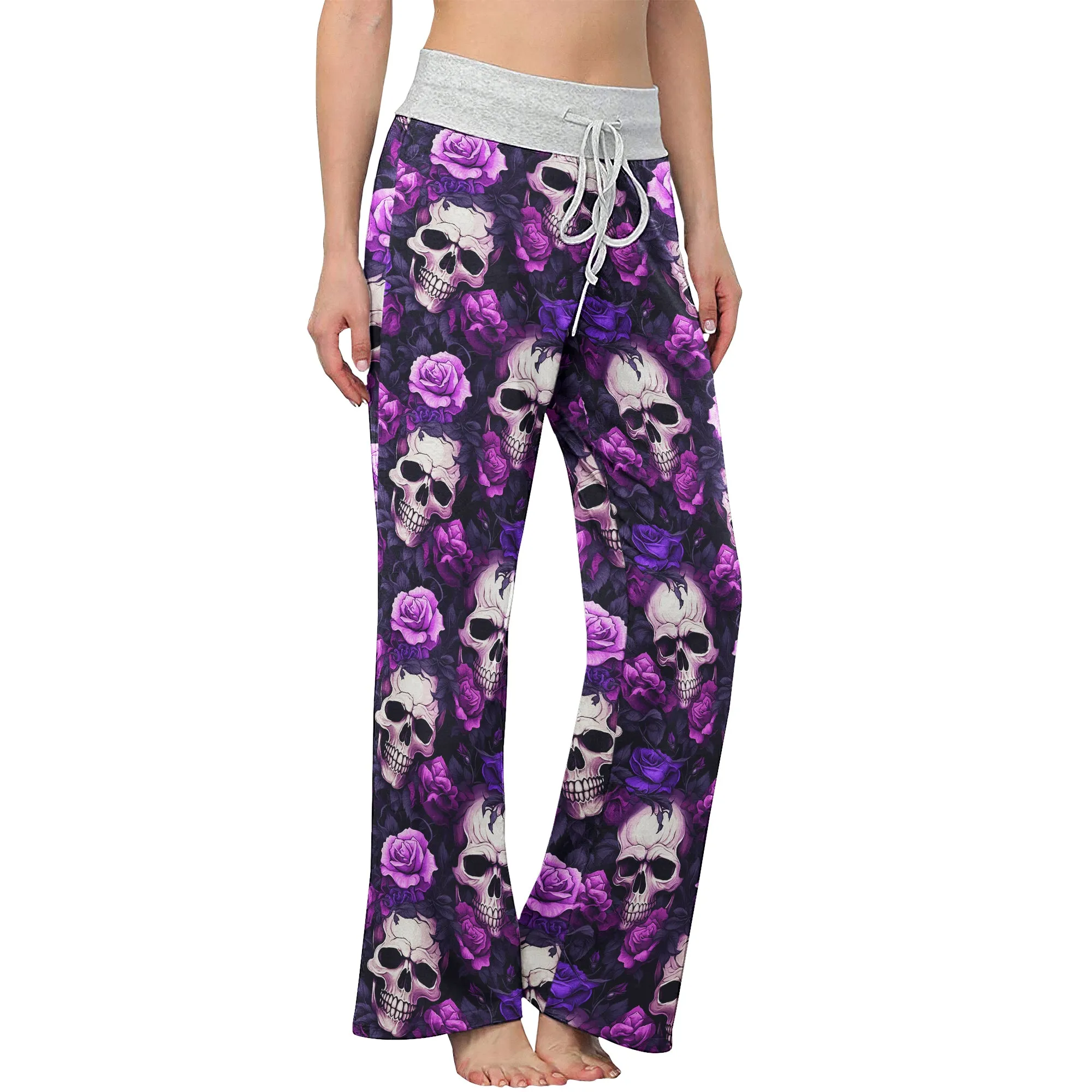 Purple Skull Floral Women's High-waisted Wide Leg Pants