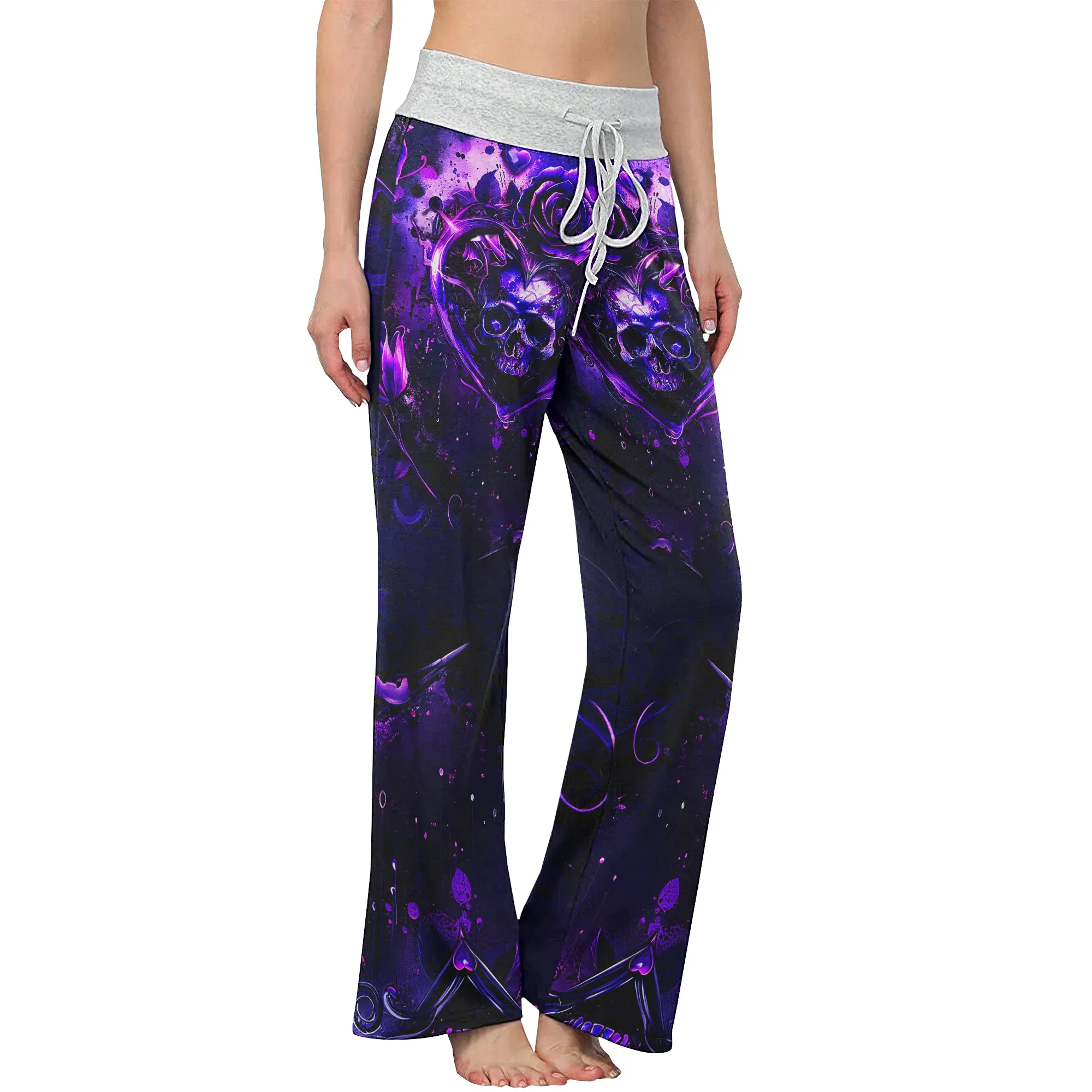 Purple Skull Flower Gothic  Women's High-waisted Wide Leg Pants
