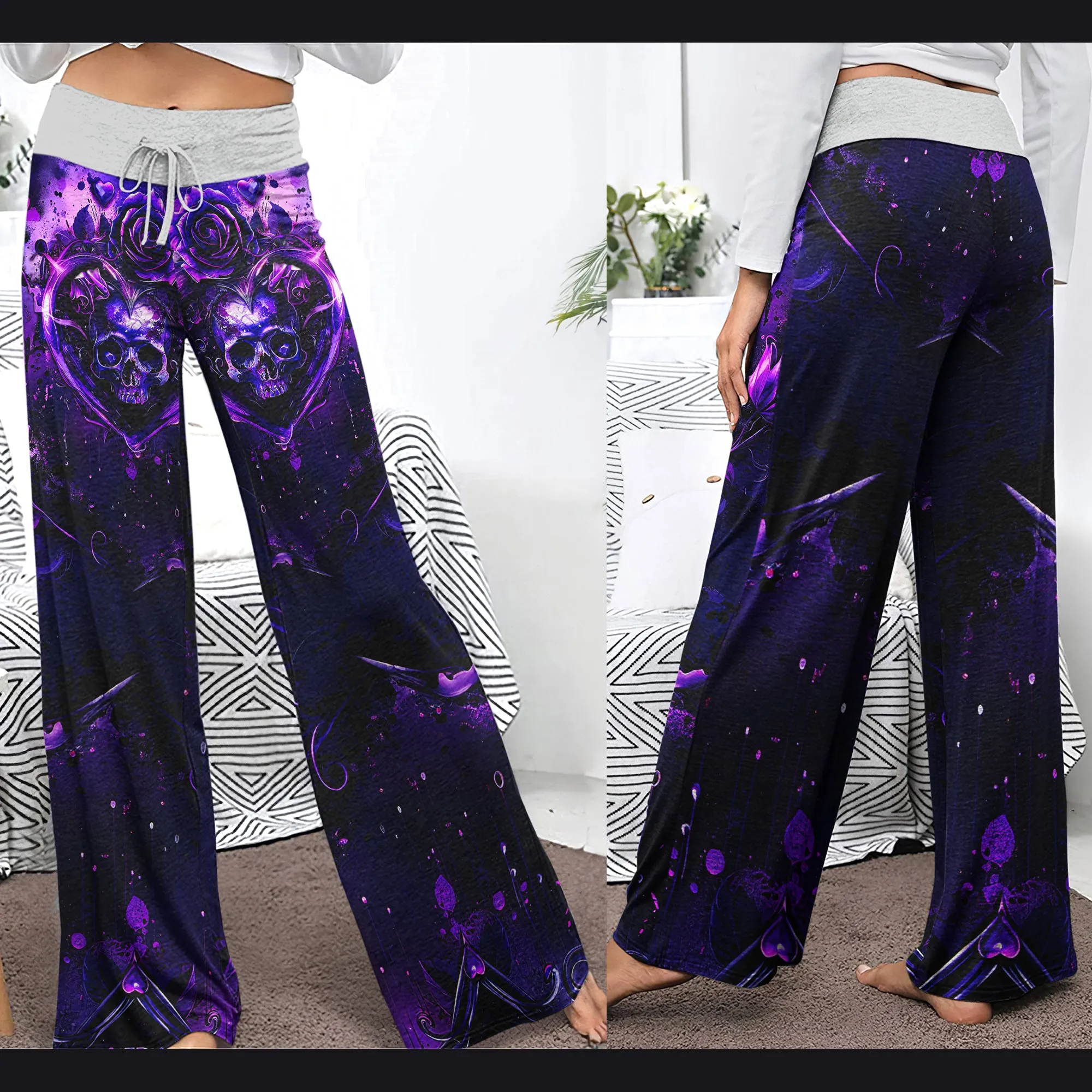 Purple Skull Flower Gothic  Women's High-waisted Wide Leg Pants