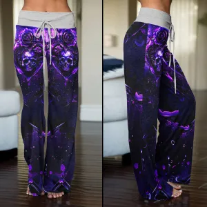Purple Skull Flower Gothic  Women's High-waisted Wide Leg Pants