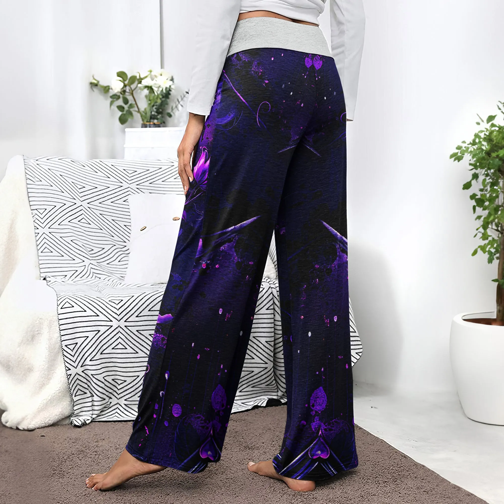 Purple Skull Flower Gothic  Women's High-waisted Wide Leg Pants