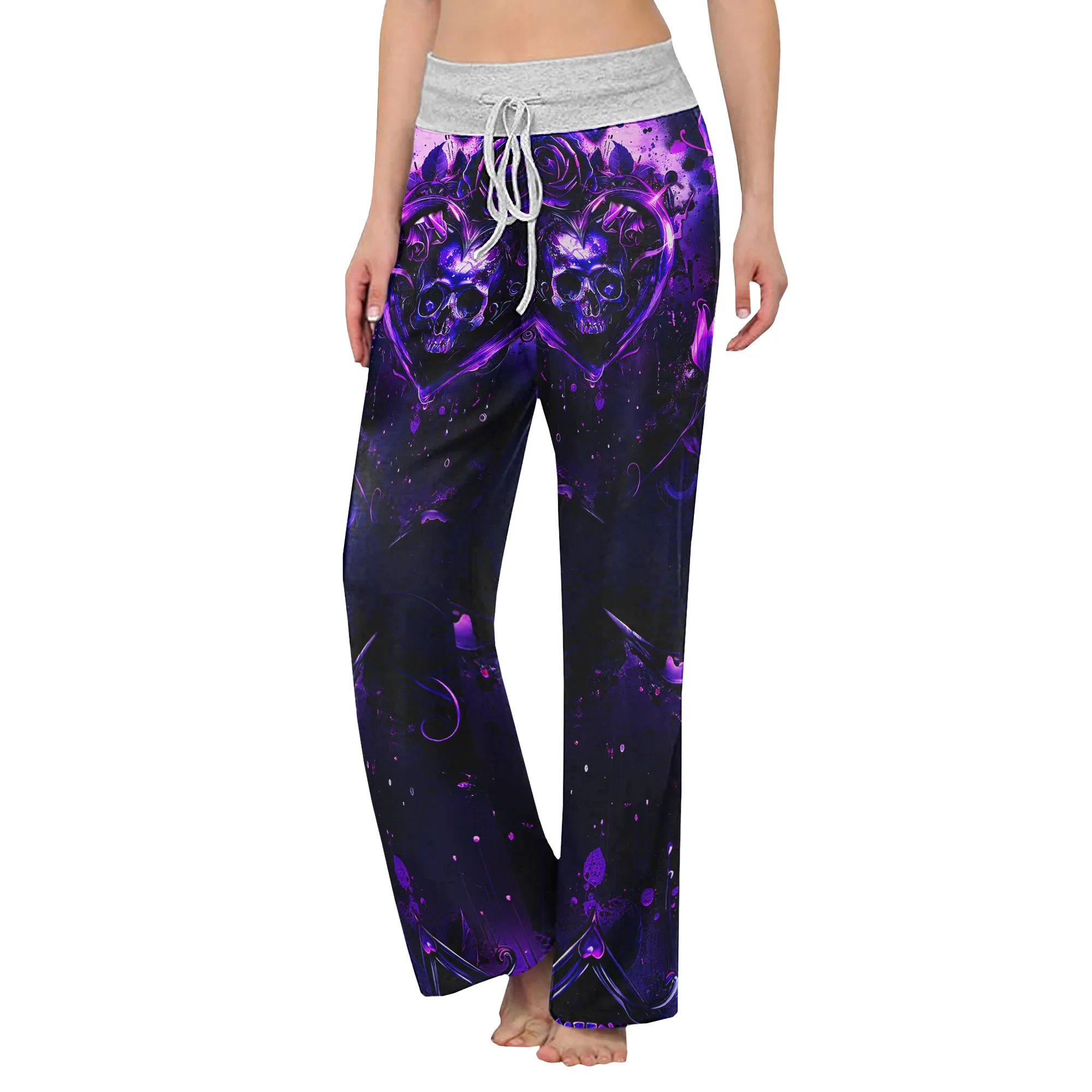 Purple Skull Flower Gothic  Women's High-waisted Wide Leg Pants