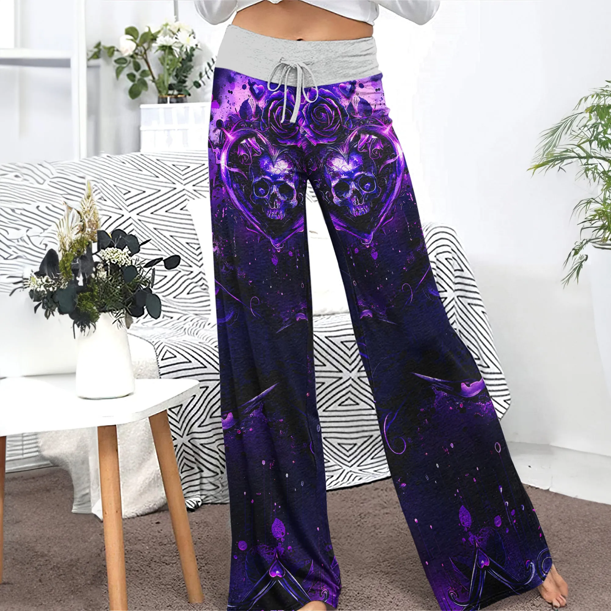Purple Skull Flower Gothic  Women's High-waisted Wide Leg Pants